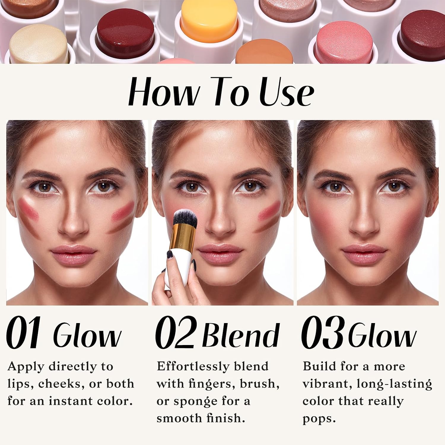 KIMUSE Face Sticks Trio, Blush, Highlighter & Contour Stick for Face Makeup | Long Lasting Sculpting Makeup for Cheeks, Blendable Cream Contour, Blush & Glow Highlighter Sticks, 3Pcs, with Brush - Image 5