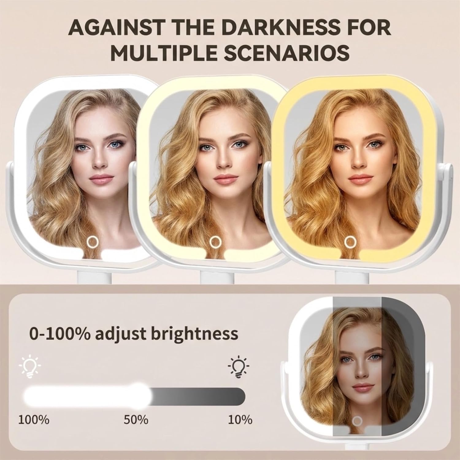 Makeup Mirror with Lights, 1X/10X Magnifying Mirror with Light, Rechargeable Lighted Makeup Mirror with Magnification, 3-Color Lighting, Height Adjustable 360° Rotation Desk Mirror, Gift for Women - Image 2