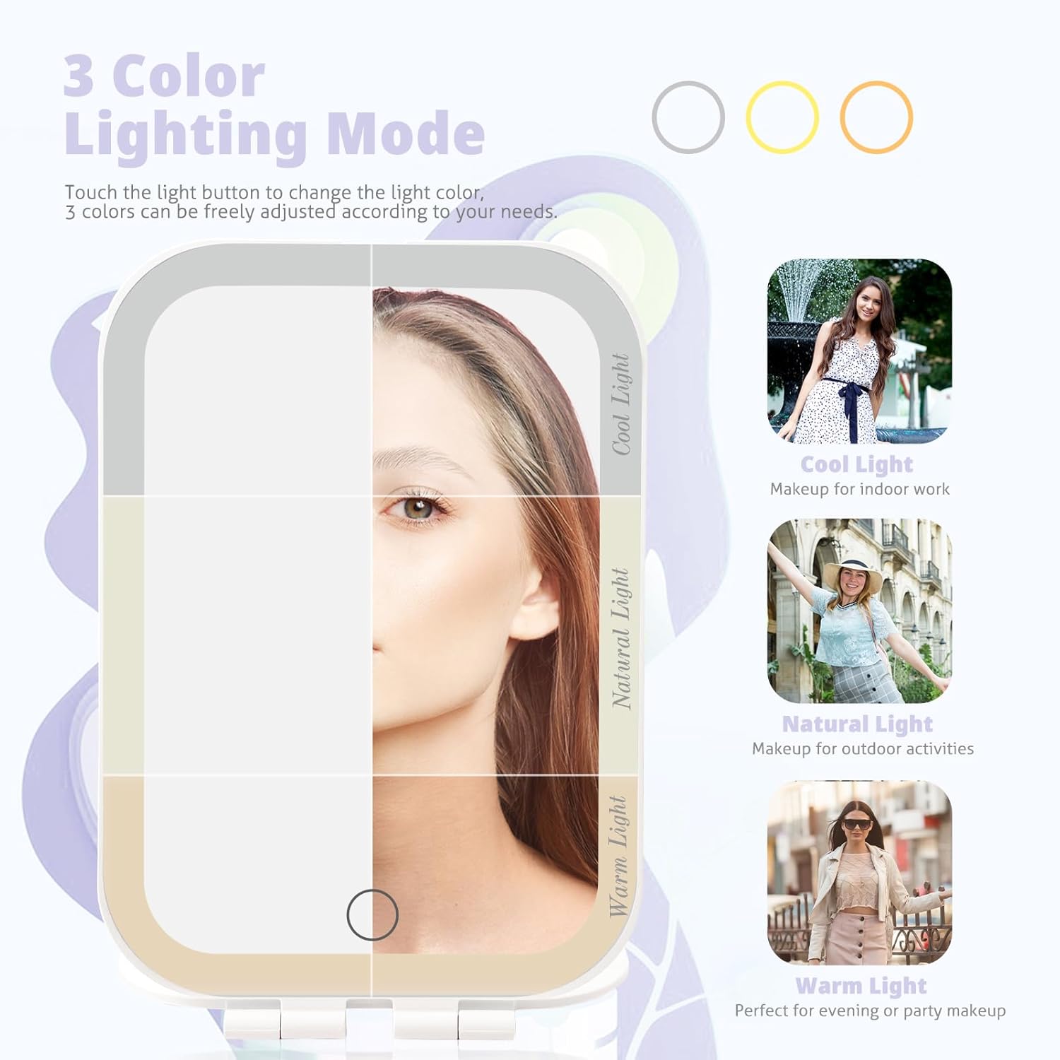 Travel Makeup Mirror, Portable Rechargeable Mirror with Lights | USB-Rechargeable, 3 Color LED Lighting, Adjustable Brightness, 7.9x5.4 inch, 1200mAh Battery, Gift for Women and Girls, White - Image 2
