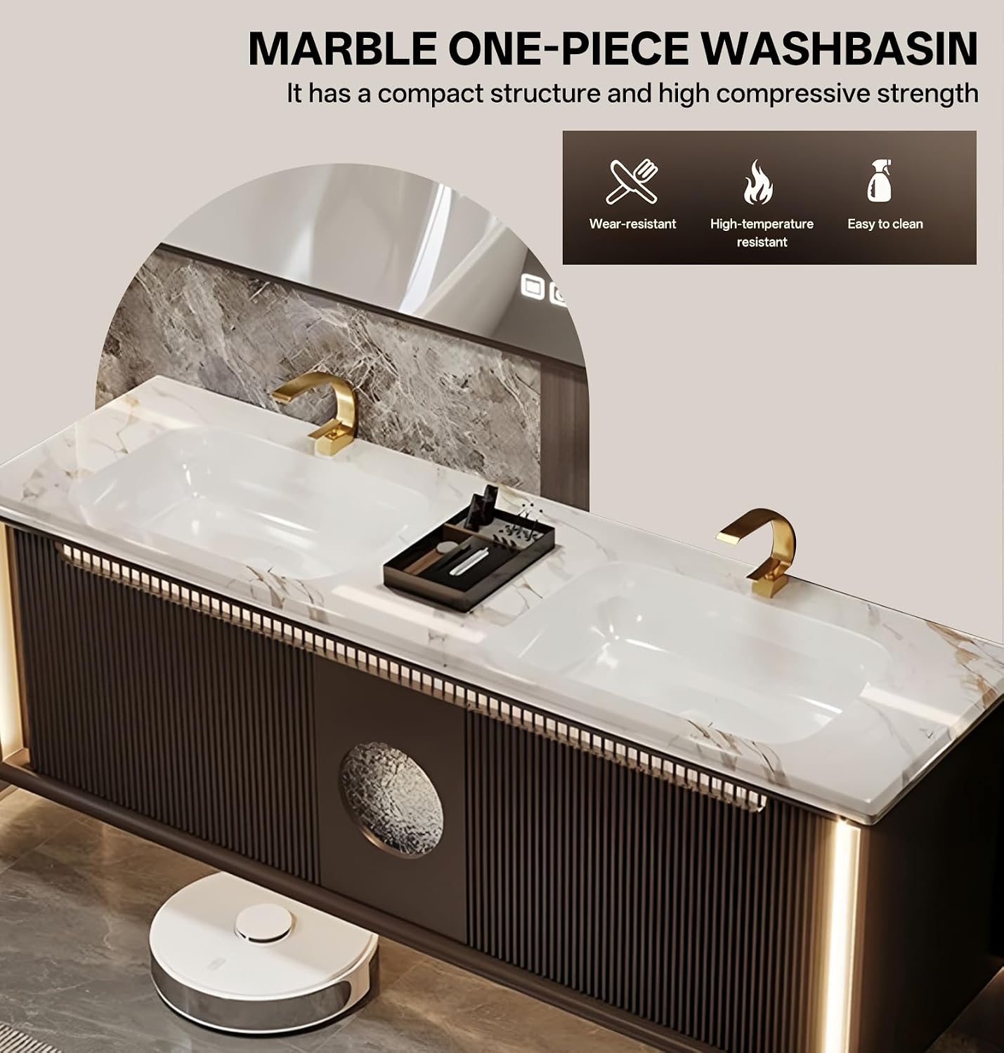 Bathroom Vanity with Dual Sinks, Floating Vanities Set Includes Smart Defog Mirror Cabinet, Luxurious Stone Countertop and Striped Sink Cabinet, Modern Vanity with Sensor Light for Bath (Black,56") - Image 3