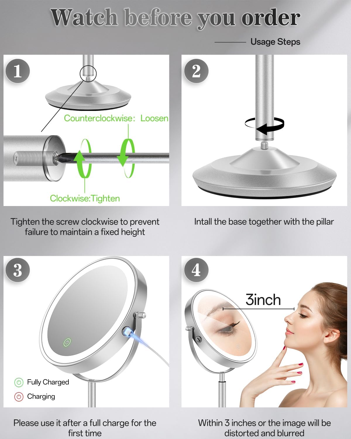 8" Lighted Makeup Mirror with Light,30X Magnifying Height Adjustable Mirror | 3000mAh Rechargeable Battery Vanity Mirrors with 3 LED Lighting Dimmable for Desk Dresser Office Women Gift - Image 2