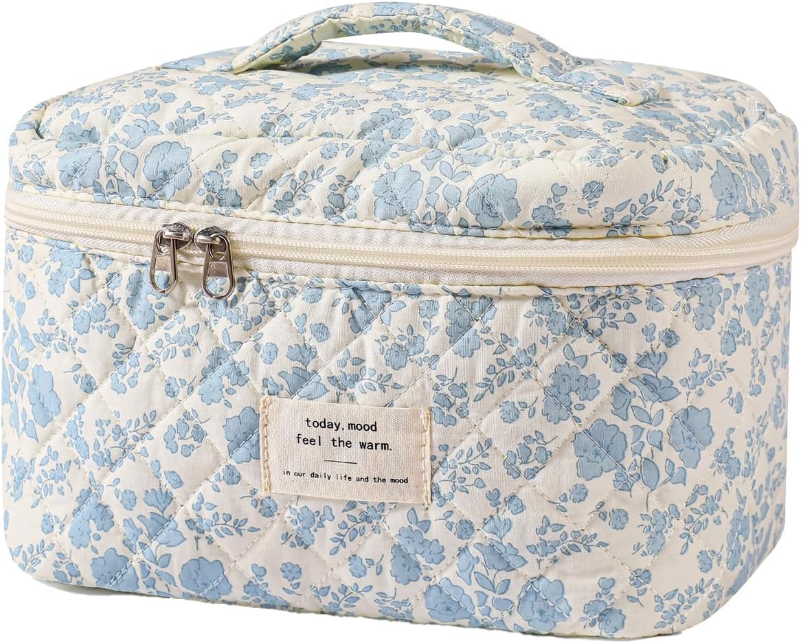 uekeboag Large Travel Quilted Makeup Bag for Women | Soft Floral Cotton Cosmetic Bag, Foldable Coquette Aesthetic Toiletry Organizer