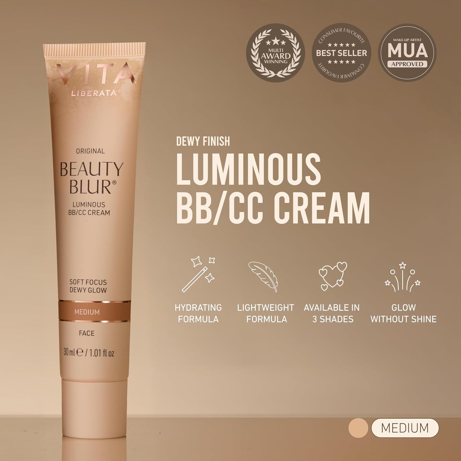 Vita Liberata Beauty Blur Face - Medium, BB Cream, Hydrating Skin Finish, Radiant Glow & Flawless Complexion, 1.01 fl oz | Skin Tint + BB/CC Cream, Tinted Primer + Complexion Booster, Blurs Imperfections, Dewy Glow Finish with Hyaluronic Acid - Image 3