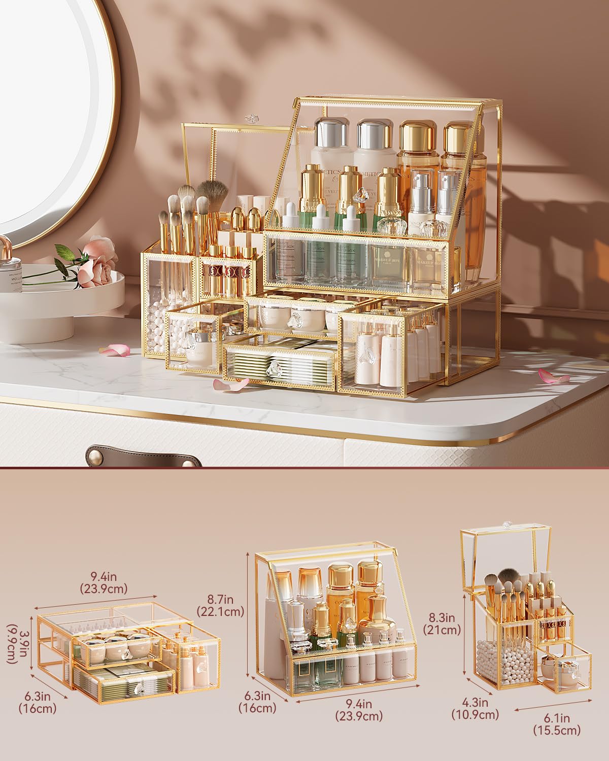 CoralHouse Glass Makeup Organizer with Brush Holder for Vanity | Clear Skincare Organizer for Vanity, Stackable, Large Capacity, for Makeup Lipstick Perfumes Brush Skincare - Image 6