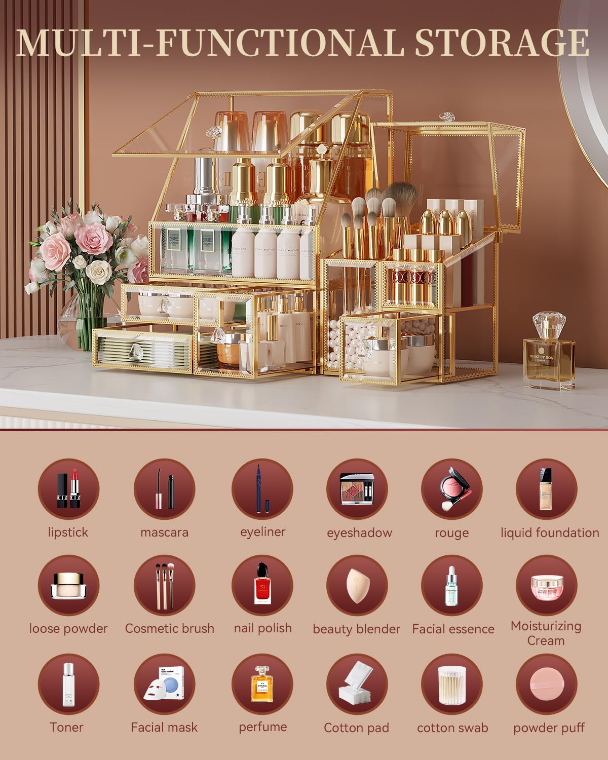 CoralHouse Glass Makeup Organizer with Brush Holder for Vanity | Clear Skincare Organizer for Vanity, Stackable, Large Capacity, for Makeup Lipstick Perfumes Brush Skincare - Image 3