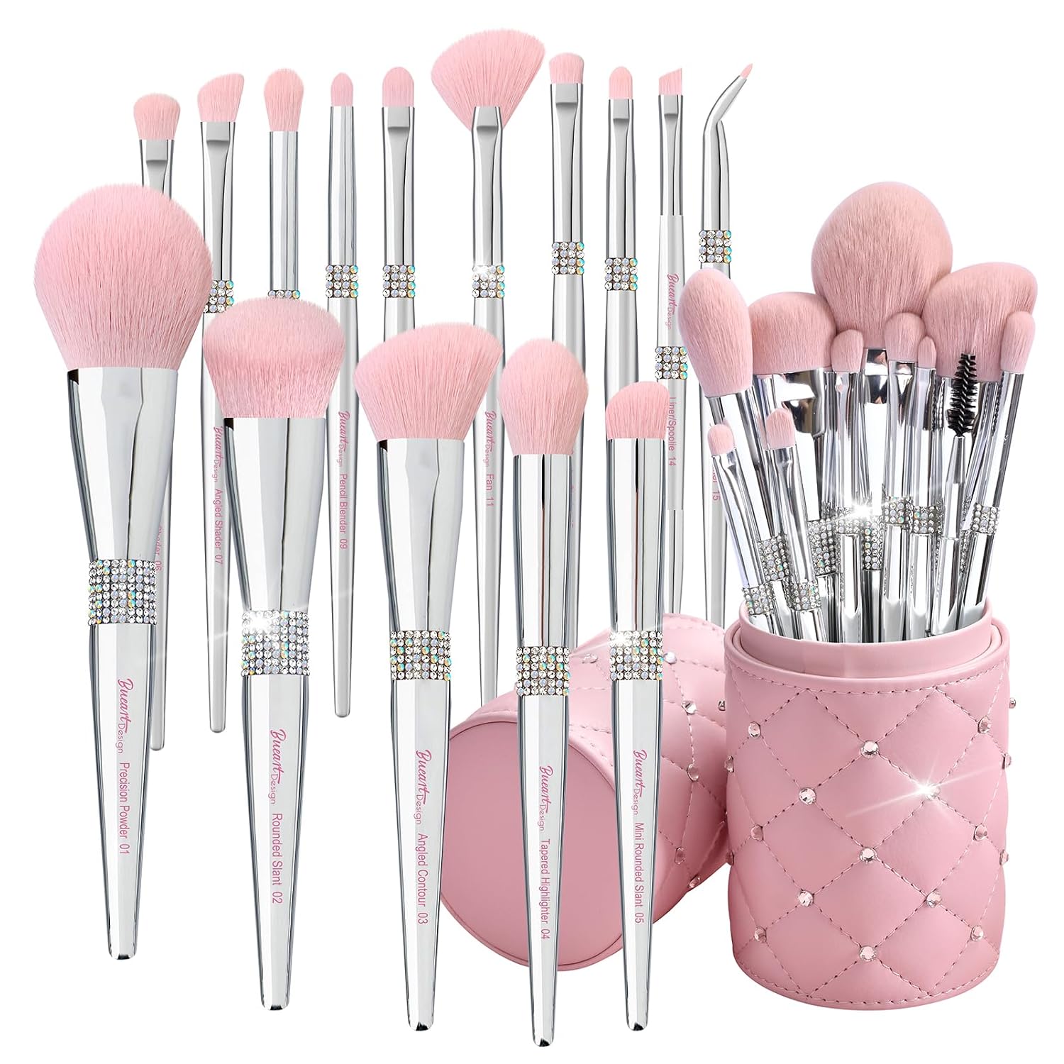Bueart Design 15Pcs Labeled Makeup Brushes Set with Elegant Pink Holder | Ultra-soft make up brush set for Foundation,Powder,Blush,Blending,Contour,Eyeshadow(15Pcs Silver Pink,Diamond)