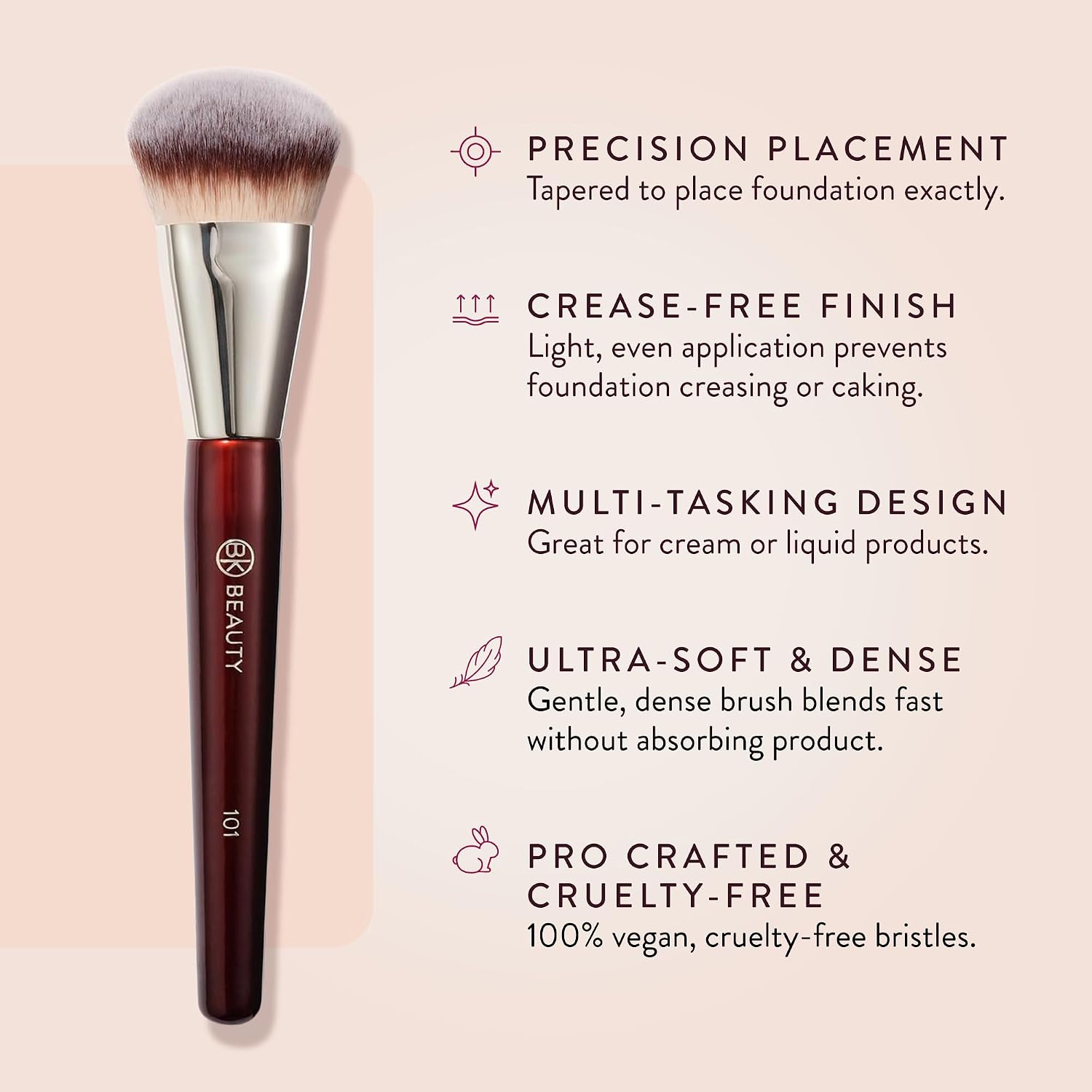 BK BEAUTY 101 Contoured Foundation Brush for Liquid & Cream Makeup | Vegan, cruelty-free synthetic fiber bristles with wood handle and aluminum ferrule. Color: Burgundy. - Image 3