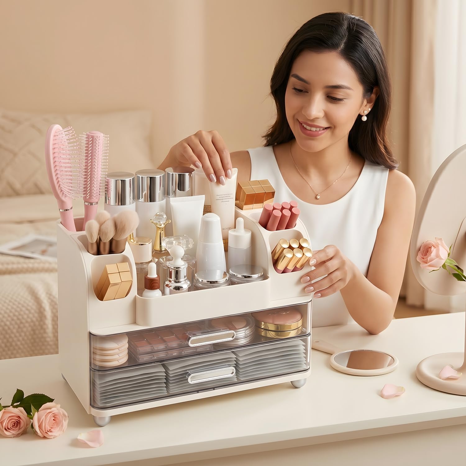 Makeup Organizer for Vanity with 2 Large Drawers and 6 Brush Holders, White | Large-Capacity Makeup Holder Keeps Skincare and Cosmetics Organized and Easy to Reach on Vanity or Bathroom Counters - Image 6