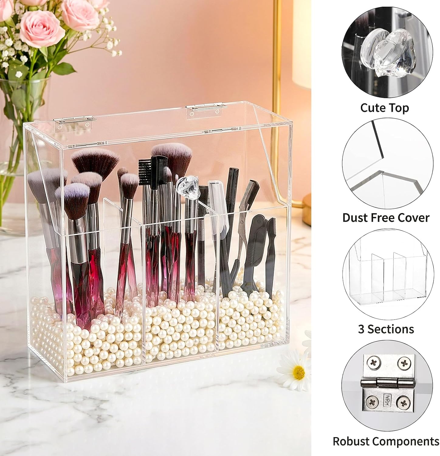 Okllen Makeup Brush Holder with Dustproof Lid, White Pearls, Acrylic Clear Makeup Brush Organizer with 3 Compartment, Large Cosmetic Brush Storage Box Case for Vanity, Bathroom, Bedroom - Image 3