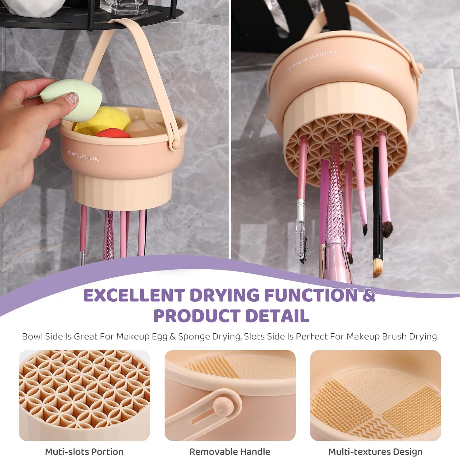 GOLIKEE Makeup Brush Cleaner Mat 3 in 1 Silicone Makeup Brush Cleaner Bowl Cosmetic Brushes Cleaning Tool Organizer for Storage and Air Drying(Khaki) - Image 4