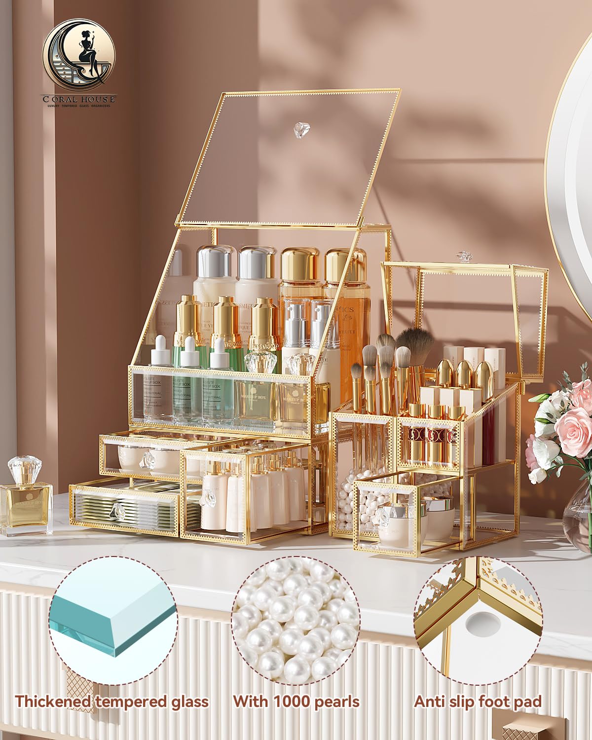 CoralHouse Glass Makeup Organizer with Brush Holder for Vanity | Clear Skincare Organizer for Vanity, Stackable, Large Capacity, for Makeup Lipstick Perfumes Brush Skincare - Image 2