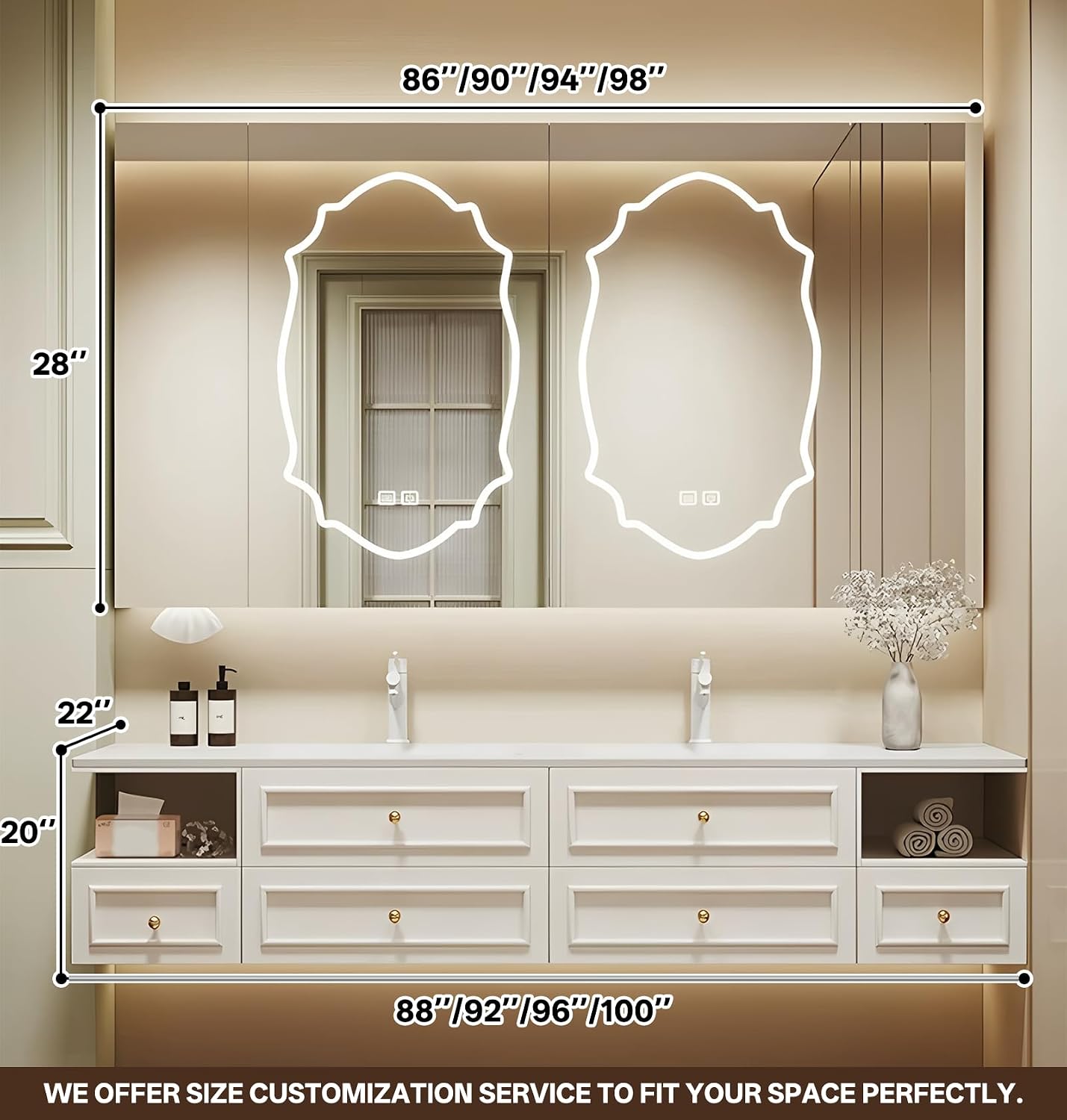 Solid Wood Vanity for Bathroom - 96 inch Double Sink Vanities, Floating Bathroom Cabinet with Two Seamless Integrated Basins and Smart Defog Mirror Cabinet, Soft Closing Doors, Storage Space - Image 2