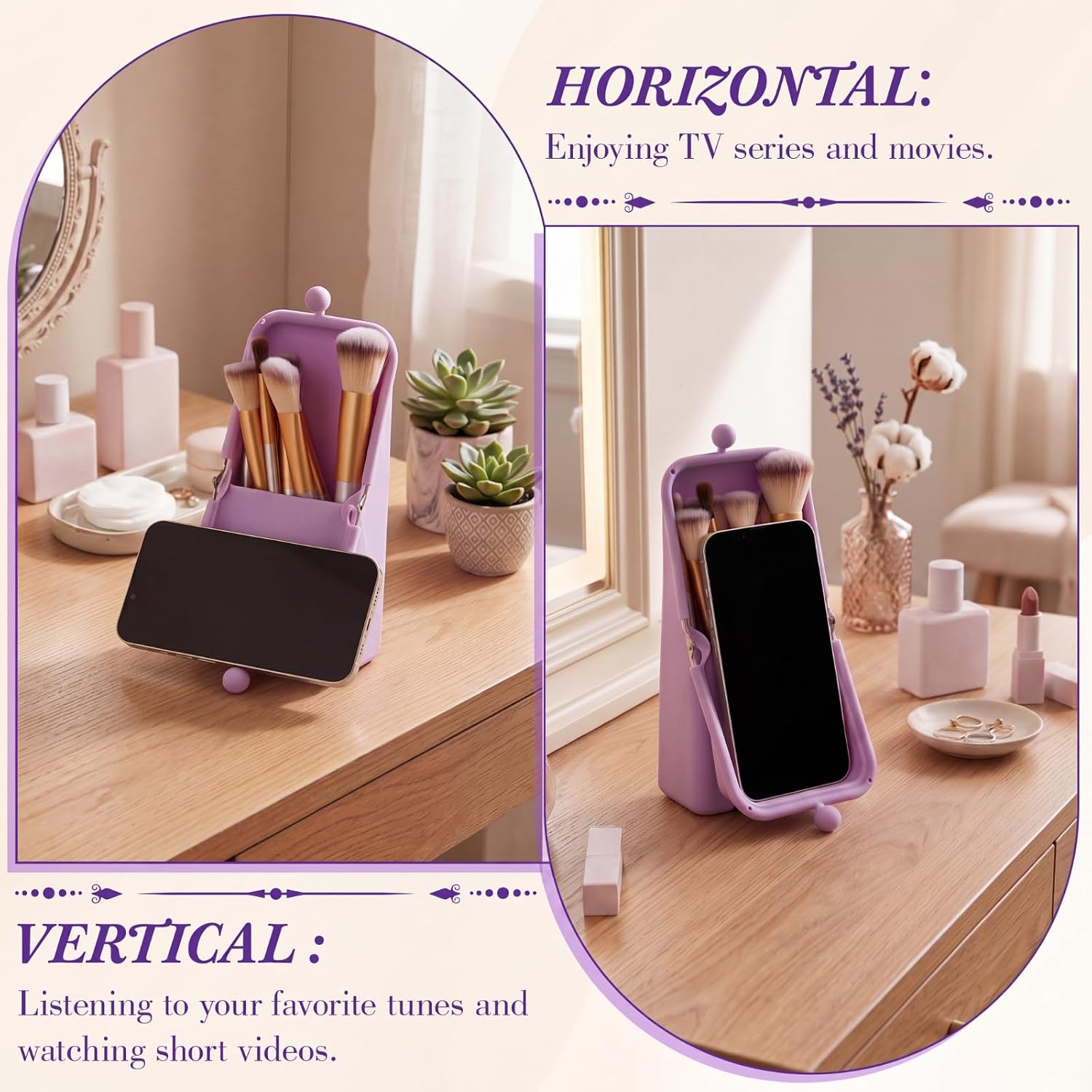 Kacctyen Makeup Brush Case Silicone Standing Makeup Brush Holder,Purple | Silicone Make up Travel Bag with Suction Portable Cosmetic Organizer Phone Stand Pouch for Travel Home Back to School Use - Image 6
