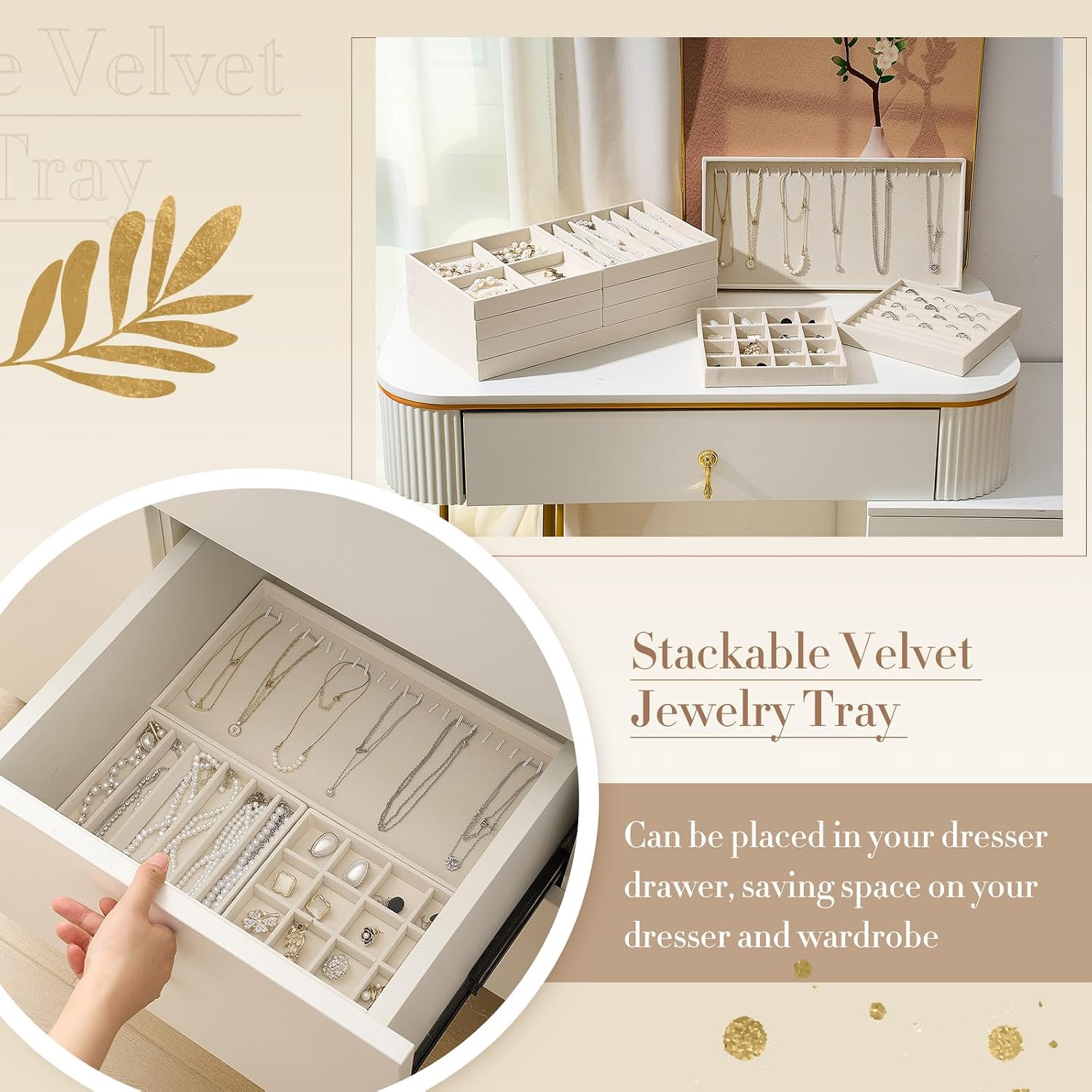 Cinnvoice Set of 10 Stackable Jewelry Organizer Trays for Drawer 14 Inch Velvet Jewelry Drawer Insert Display Storage with Removable Divider for Necklace Earring Ring Watch Bracelet (Beige) - Image 3