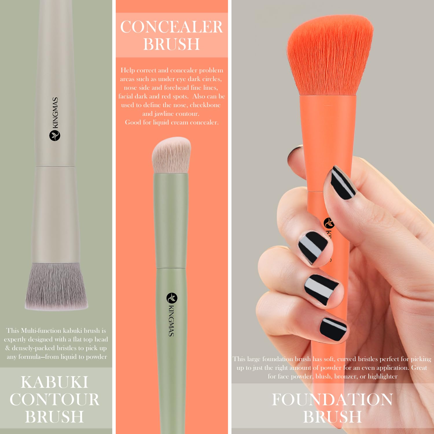 3Pcs Foundation Brush Contour Concealer Brush Set, Under Eye & Blusher Brush Face Kabuki Makeup Brushes - Image 3