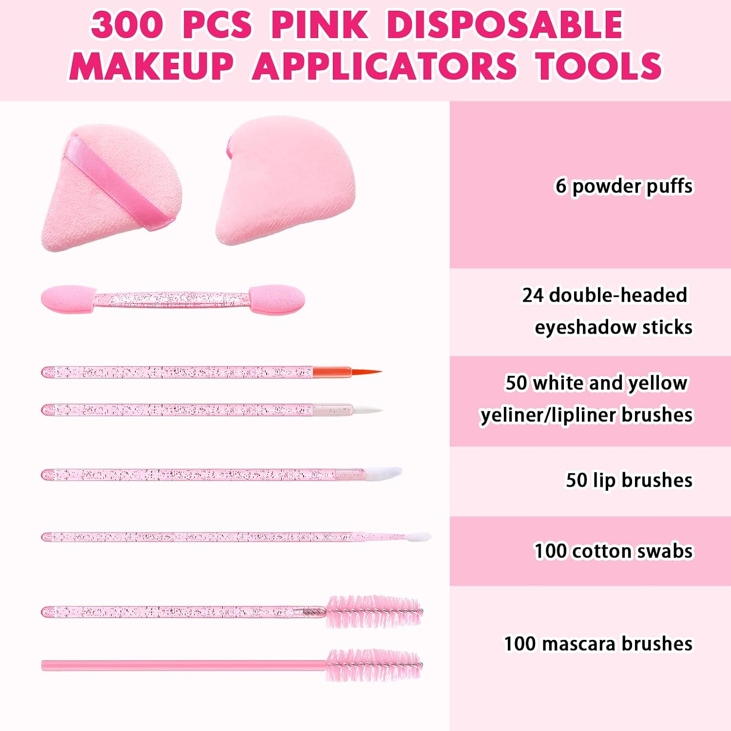 300 Pcs Pink Disposable Makeup Applicators Tools with Triangle Puffs | Lip, eye, mascara, and puff tools; single-use hygienic design; organized storage box; for home, travel, or artists - Image 2