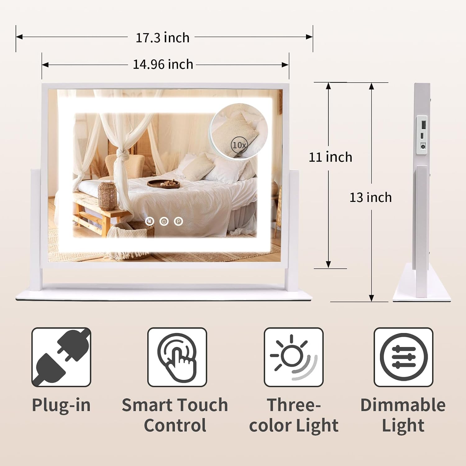 Vanity Mirror with Lights, Lighted Makeup Mirror with Touch Control & 3 Color Modes, 10X Magnification & Dimmable LED, USB Charging Port, Desktop Tabletop Mirror for Makeup (24x19 Inch) - Image 2