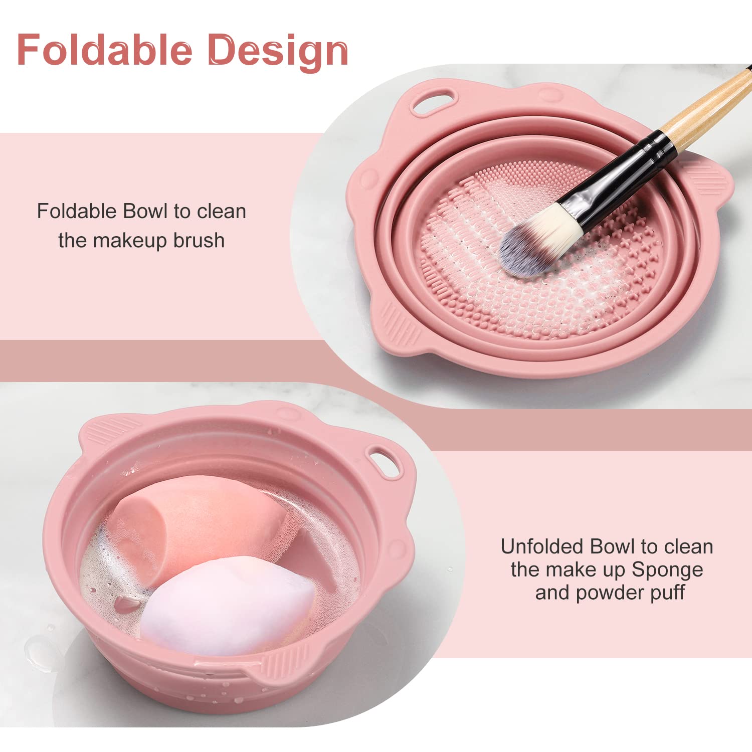 Foldable Silicone Makeup Brush Cleaner Bowl | Portable Cleaning Tool For Brushes, Powder Puffs, Sponges (Pink) - Image 2