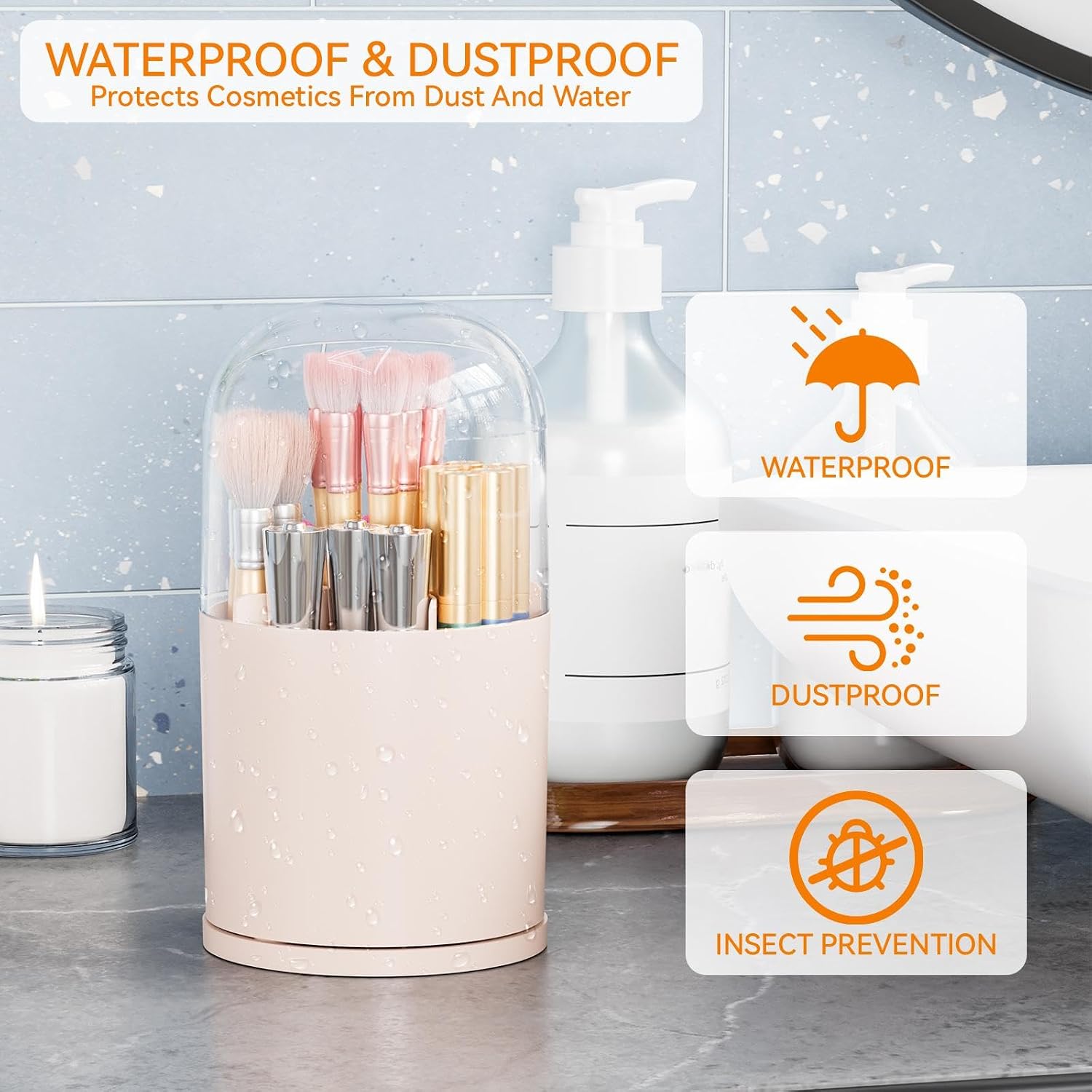 Rotating Acrylic Makeup Brush Holder with Lid for Vanity,Bathroom,Countertop,Covered Makeup Brushes Organizer,Round Spinning Cosmetic Brushes Holder and Make up Brush Storage with Cover,Pink - Image 7