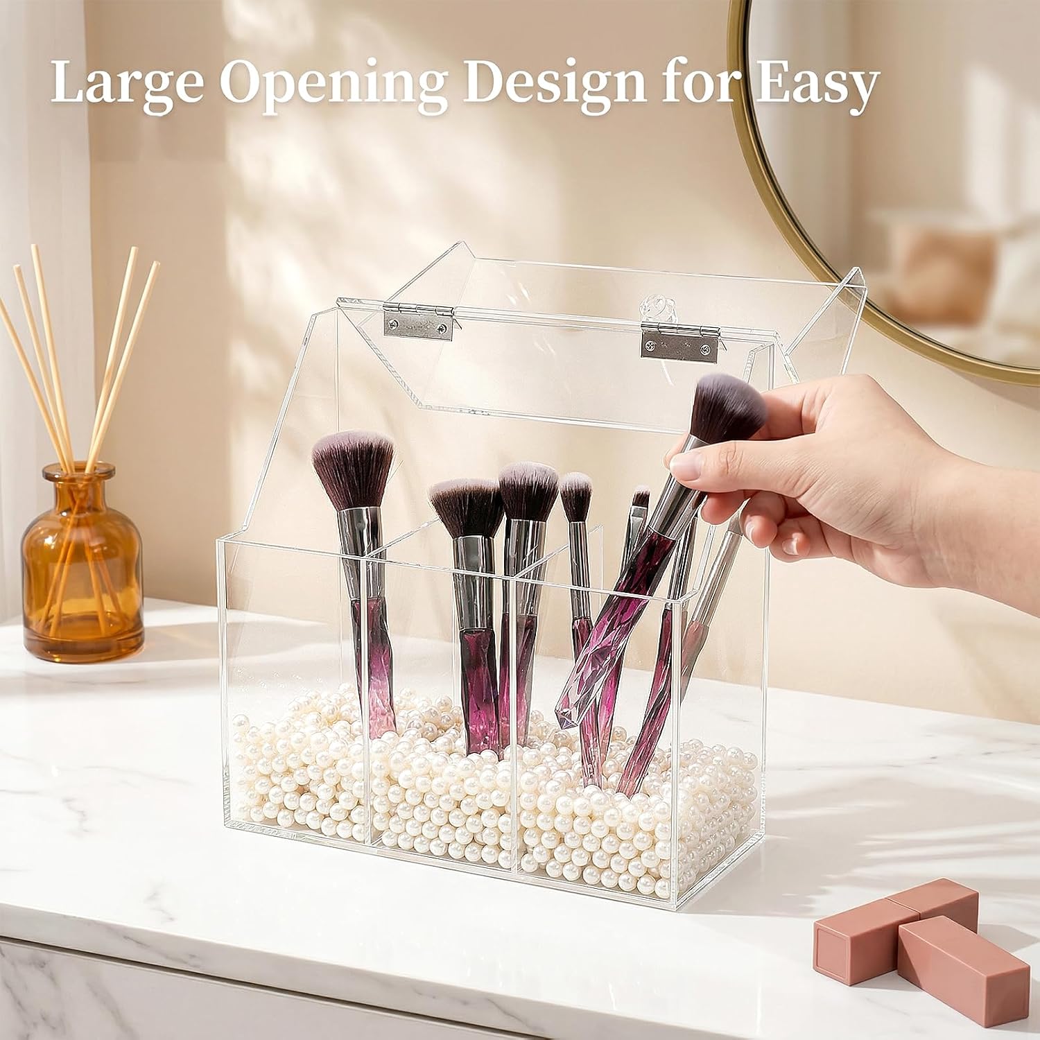 Okllen Makeup Brush Holder with Dustproof Lid, White Pearls, Acrylic Clear Makeup Brush Organizer with 3 Compartment, Large Cosmetic Brush Storage Box Case for Vanity, Bathroom, Bedroom - Image 5