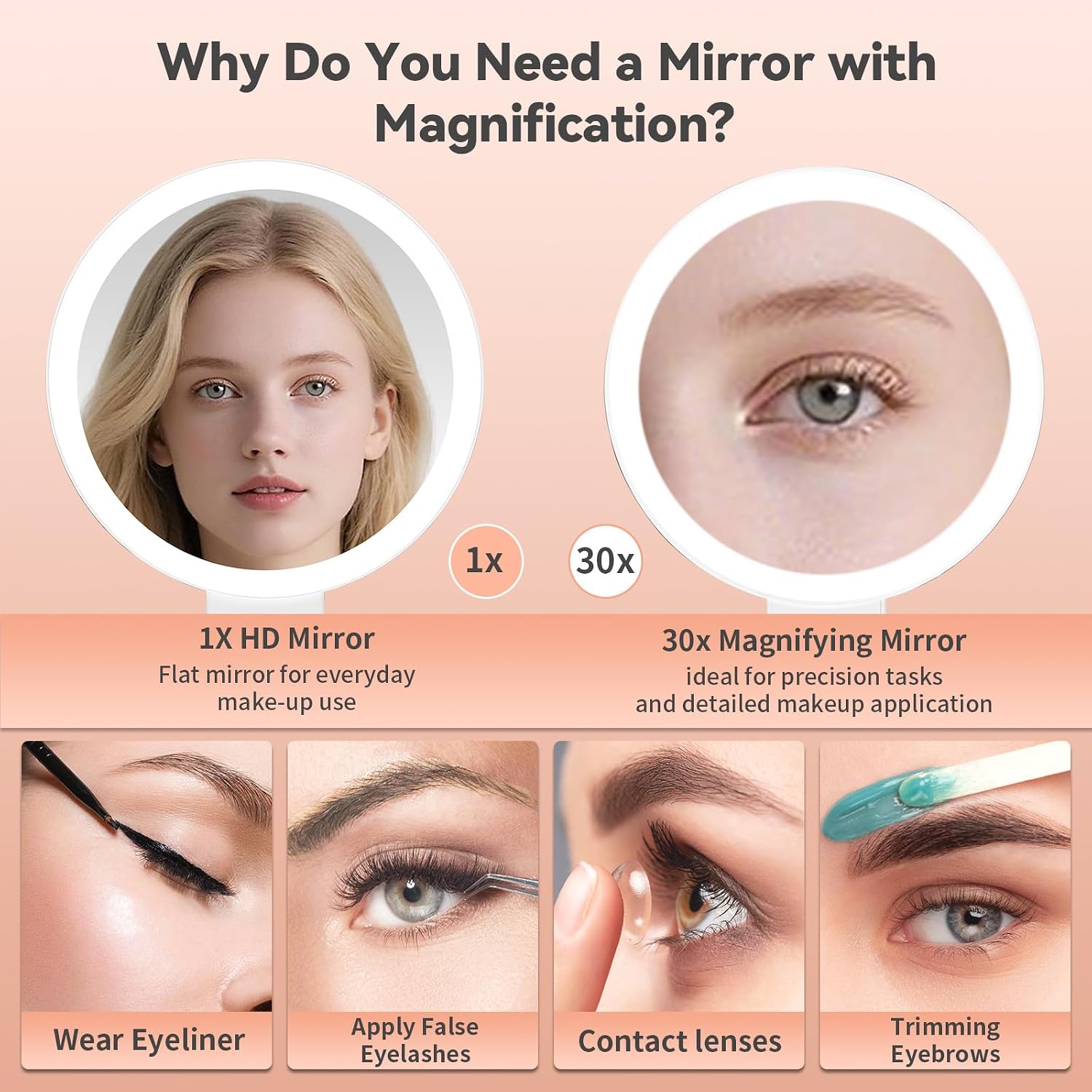 Makeup Mirror with Lights, Magnifying Mirror 1X/30X with Adjustable 3 Color Light, Double Side Control, 2000mAh Rechargeable, Lighted Makeup Mirror with Magnification, Smart Memory, Gift for Women - Image 2