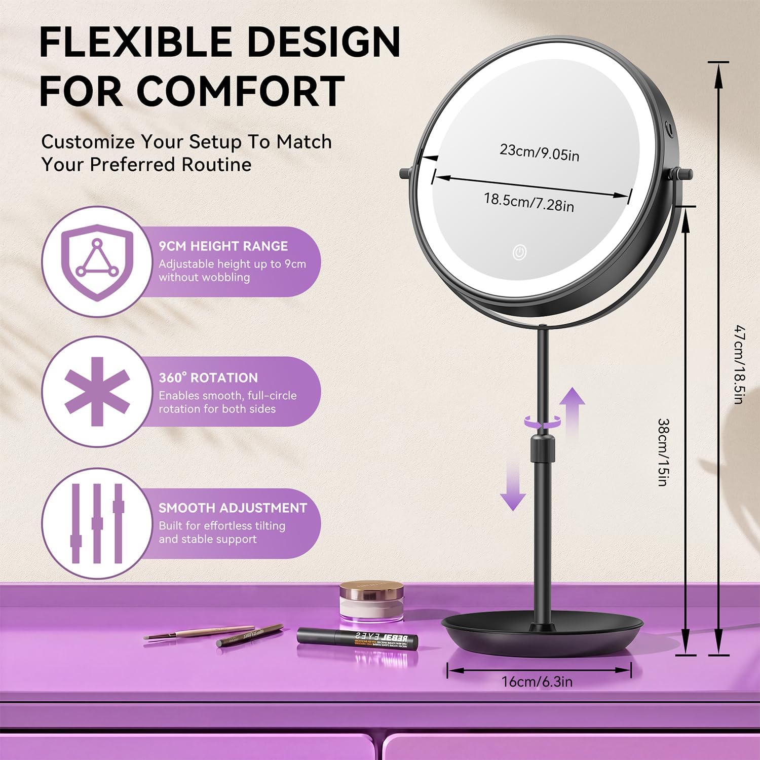 Auxmir 9" 1X/30X Lighted Makeup Mirror, Rechargeable Maginfying Mirror | 3 dimmable colors, 14.9-18.5 in adjustable height, 3000mAh, 360°rotation, stable storage base, 30X magnification, Black - Image 6
