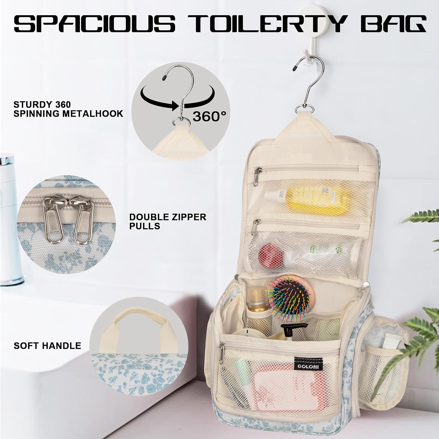 Hanging Toiletry Bag, 10 Compartments Water-Resistant Makeup Bag with 360° Spinning Metal Hook, Large Travel Cosmetic Organizer for Men & Women, Flower (7.05oz) - Image 3
