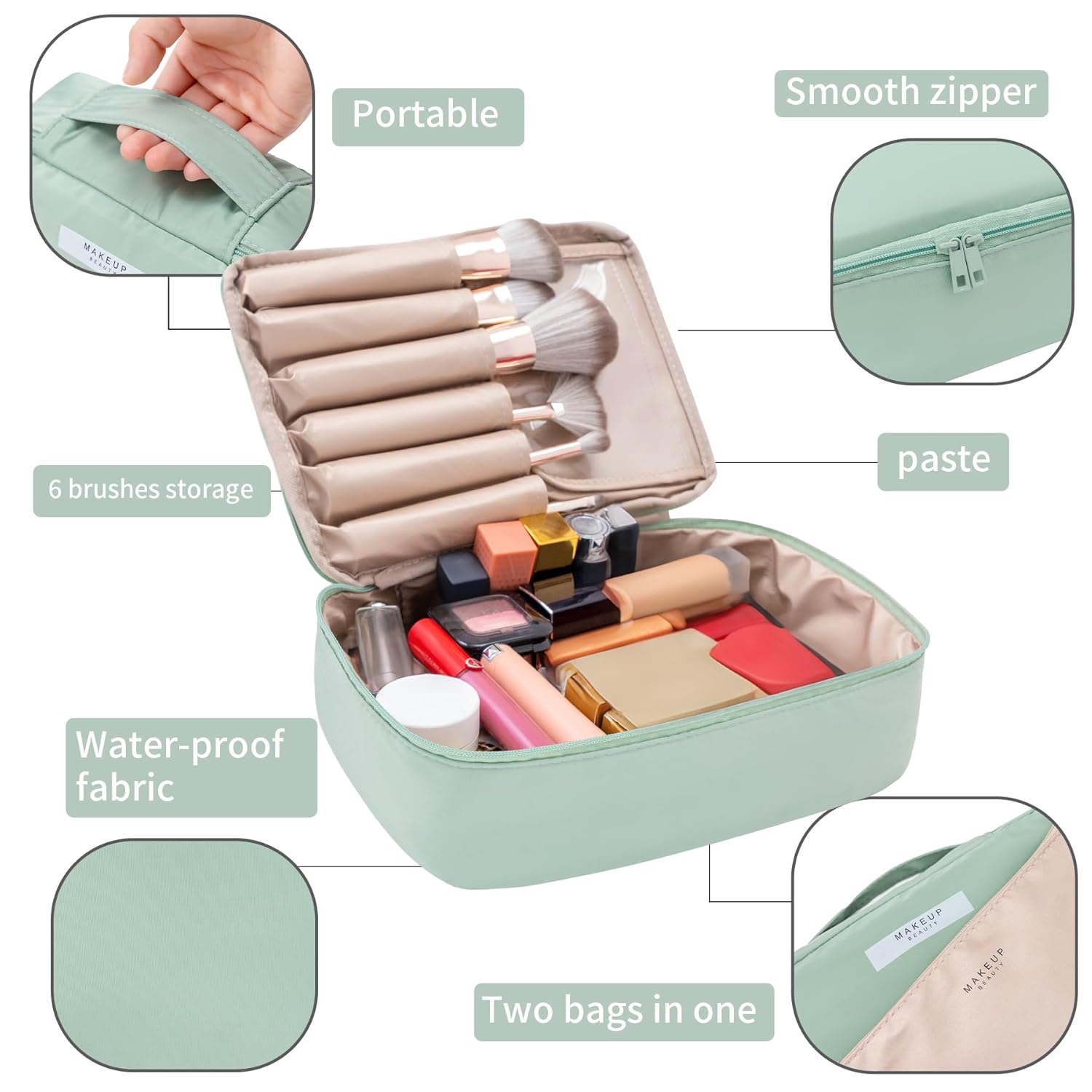 Travel Makeup Bag Cosmetic Bag Toiletry Bag for Women & Men, Green | Lightweight Makeup Bag, Large Capacity, Inner Waterproof Lining, Portable for Travel, Business, Daily Use - Image 4