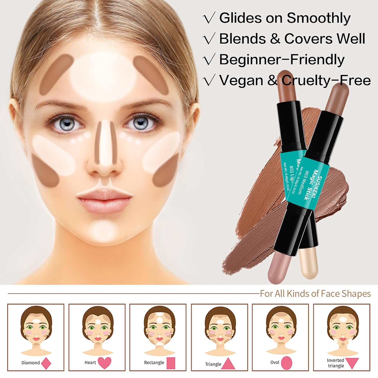 Contour Stick, 2Pcs Dual-Ended Highlighter Makeup Pen & Contouring Stick for Face Shaping, Long Lasting Waterproof Cream Bronzer & Highlight Sticks Make Up Kit for All Skin Tones(01# + 03#) - Image 4