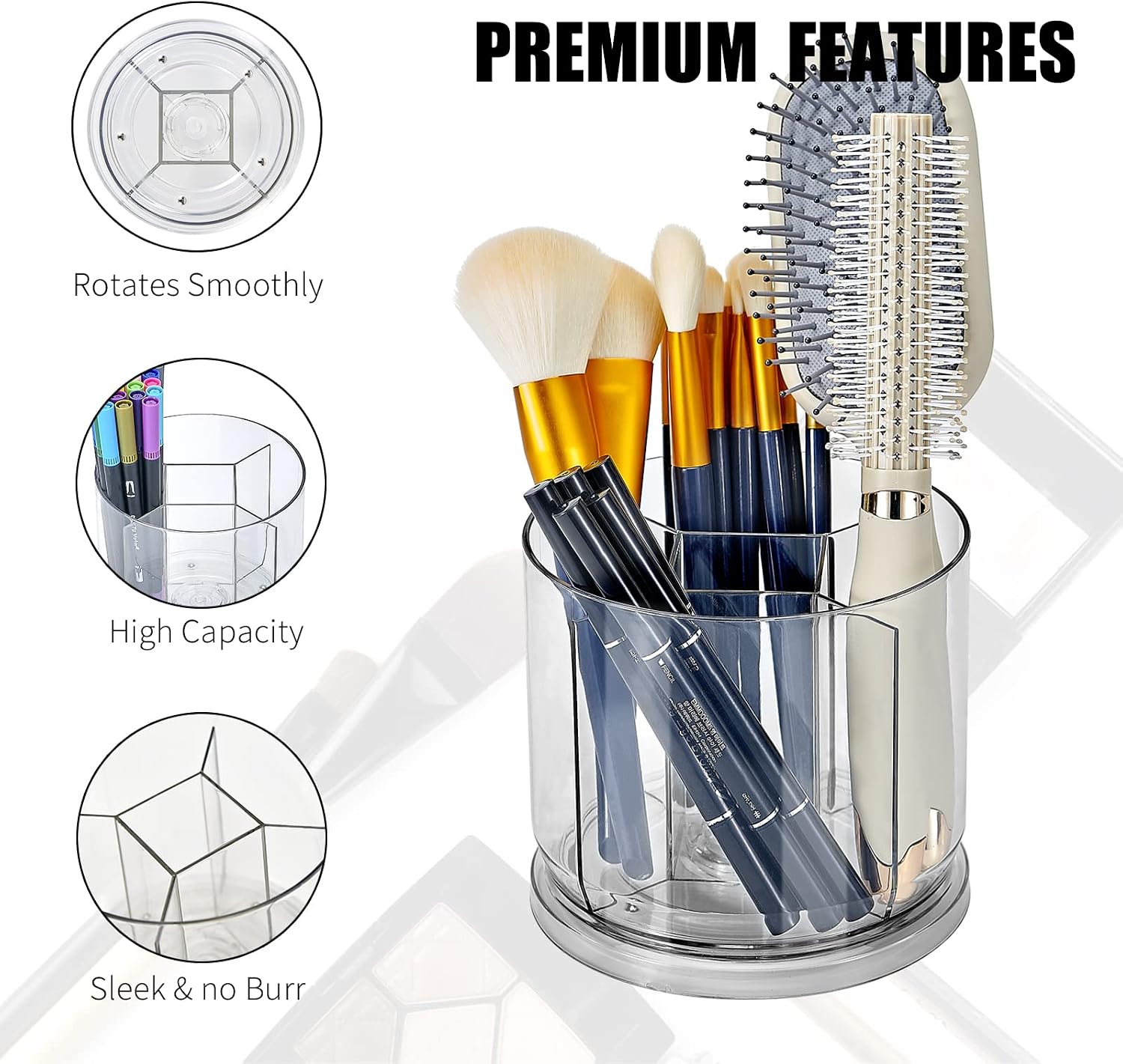 Makeup Brush Holder Organizer, Rotating Makeup Organizer for Vanity | Rotating 360° Clear Storage Cup Containers, Spinning Pen Holder for Desk, Round Make up Brush Stand with 5 Slots (Clear) - Image 4
