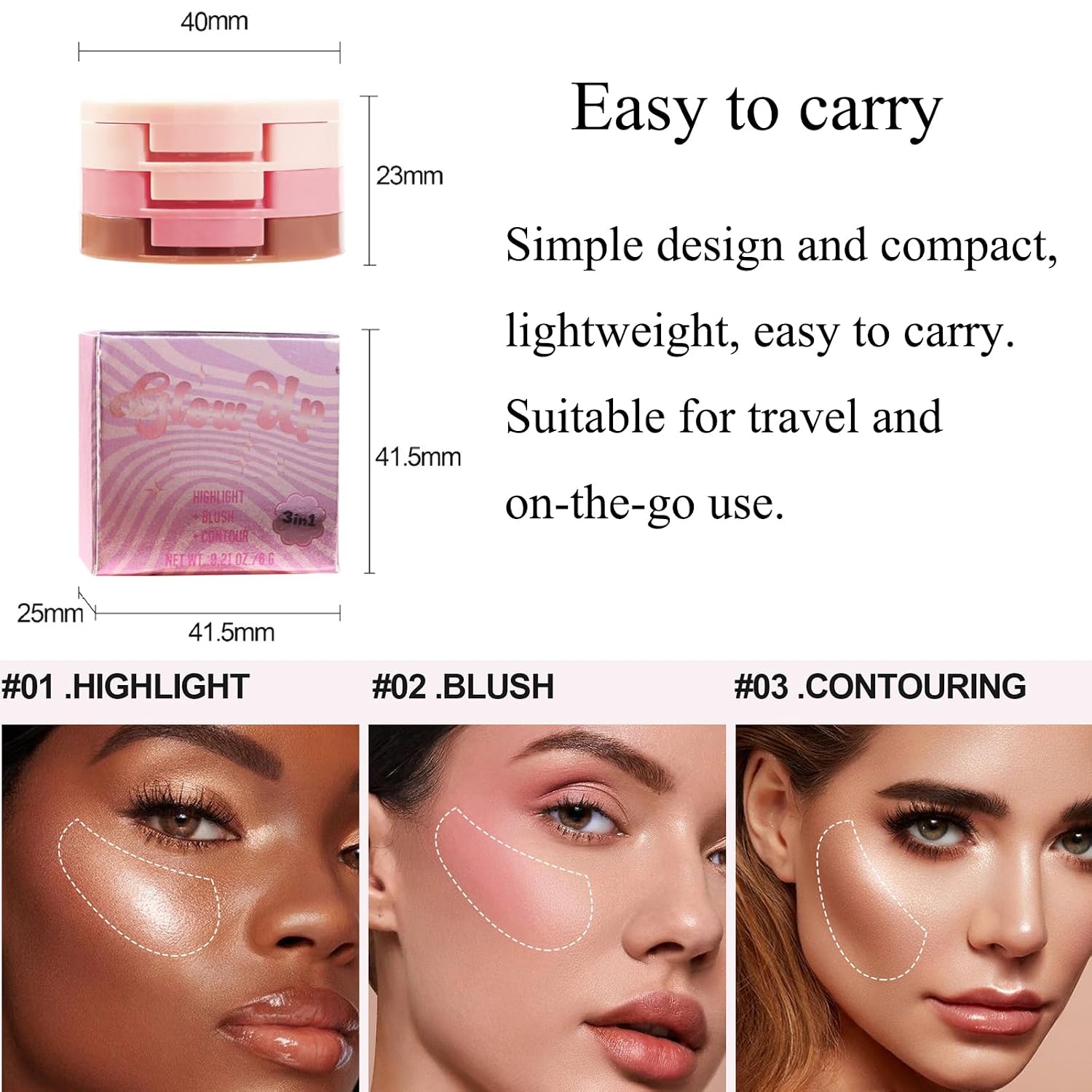 3-in-1 Blendable Trio, Contour and Highlight Blush Makeup Palette, Cream Bronzer, Silky Smooth Powder Blush, Shimmer Highlighter Makeup Powder, Travel-Friendly Stackable Make Up Kit with Mirror(01) - Image 6