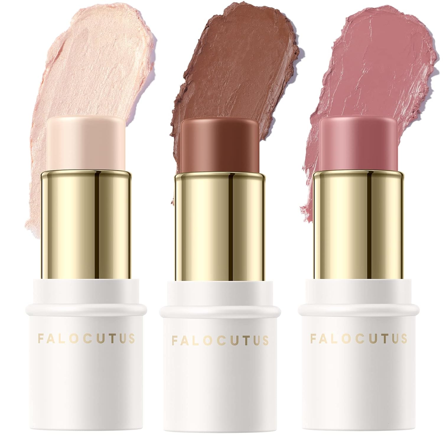3 Pcs NEUTRAL Contour Stick Set,Professional Makeup Kit for All Skin | FALOCUTUS Cream Blush & Highlighter Bronzer Pen,Long Lasting & Smooth Natural Face Contouring Illuminator