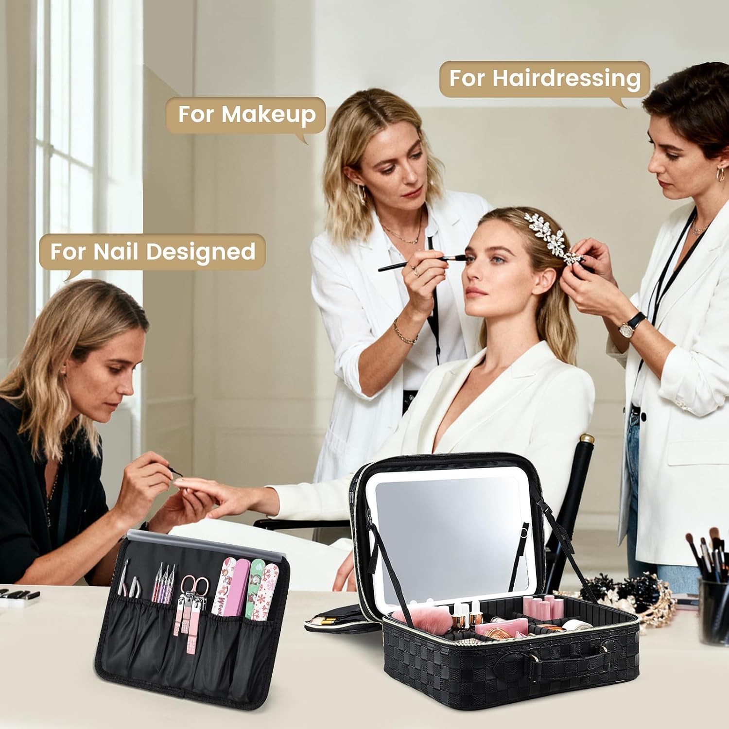 Makeup Bag with LED Lighted Mirror 12.2 IN Cosmetic Train Case Double Layer Makeup Case Adjustable Brightness in 3 Colors Cosmetic Organizer Artist Storage with Brush Holder Vanity Black Checkerboard - Image 2