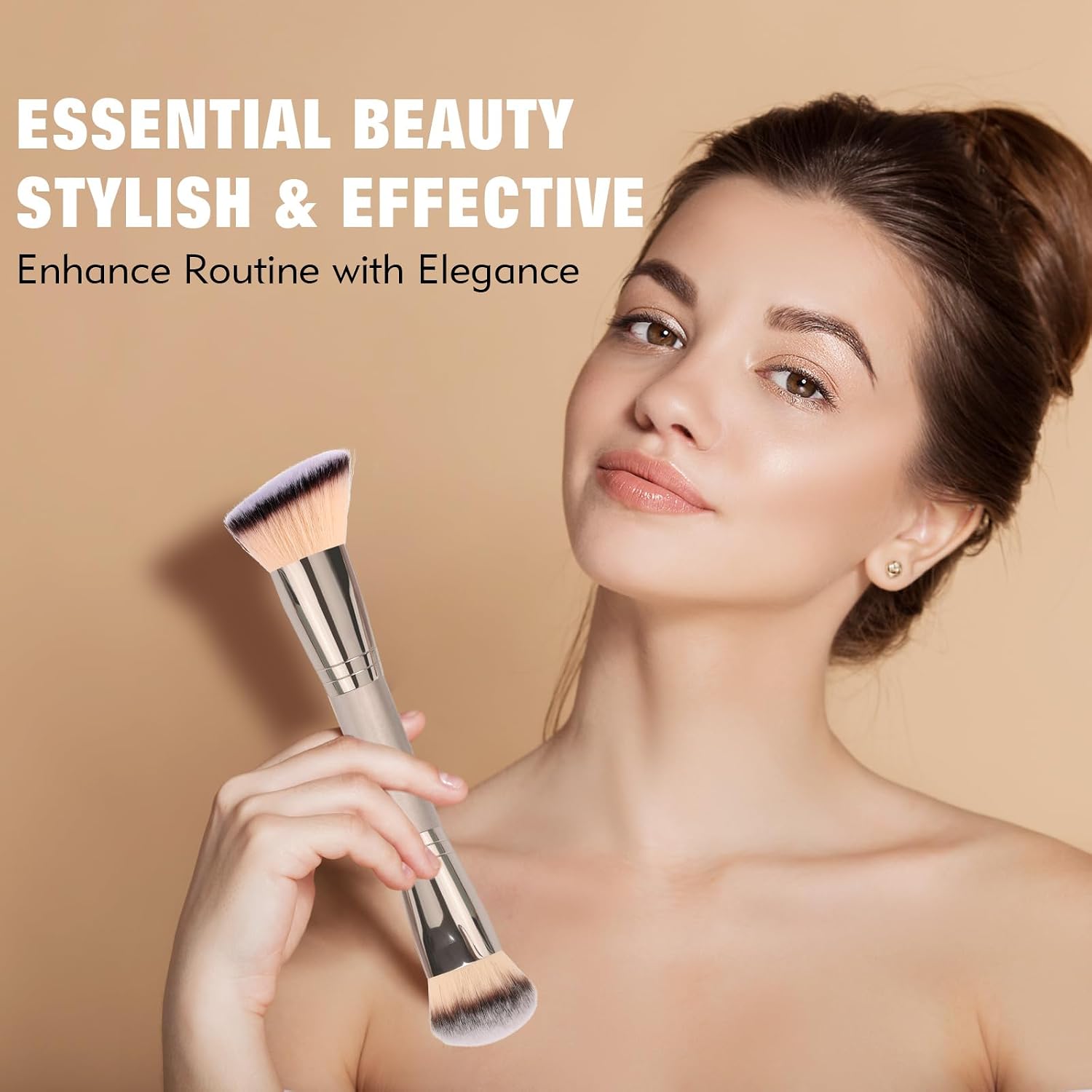 Dual-Ended Foundation Brush: Round & Angled makeup brushes, 100% Vegan Synthetic Makeup Brush for Flawless Blending and Application of Liquid, Powder, Cream, Blush - Image 2