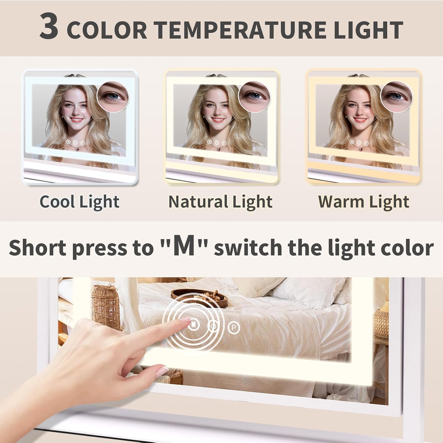 Vanity Mirror with Lights, Lighted Makeup Mirror with Touch Control & 3 Color Modes, 10X Magnification & Dimmable LED, USB Charging Port, Desktop Tabletop Mirror for Makeup (24x19 Inch) - Image 3