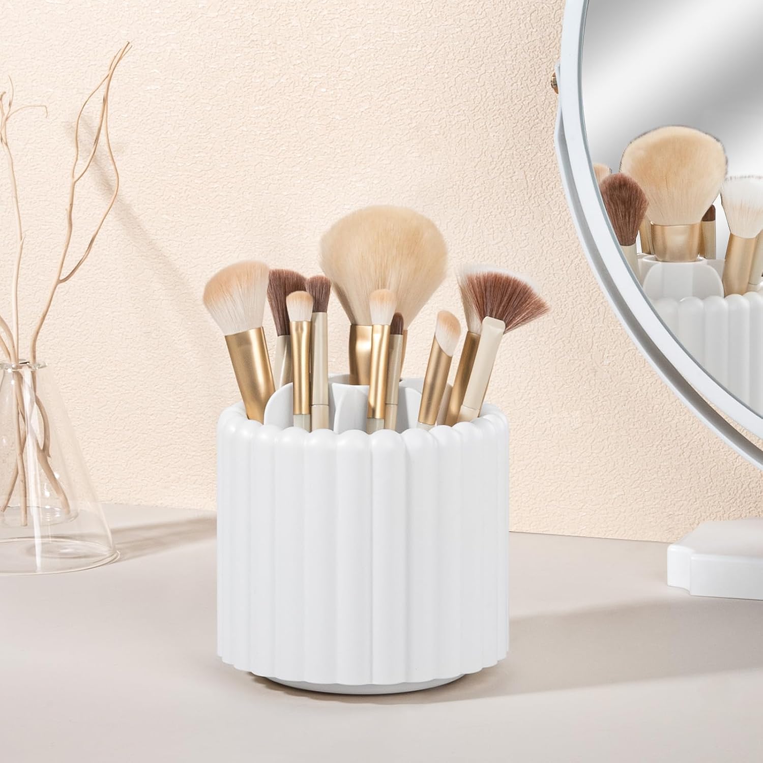 Rotating Makeup Brush Holder Organizer with Removable Dividers, White | 7 Slots Make Up Brush Organizer with Drawer 360 Spinning Cosmetic Storage Pen Holder for Desk, Vanity, Dresser - Image 5