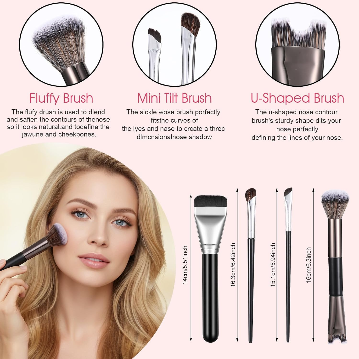 4pcs 2 in 1 Nose Contour Brushes U Shaped Fluffy Makeup Brush Flat Foundation Brush Angled Contouring Brushes Set for Defining Nose Shadow Face Sculpting Highlighting Women Makeup Beginners - Image 2