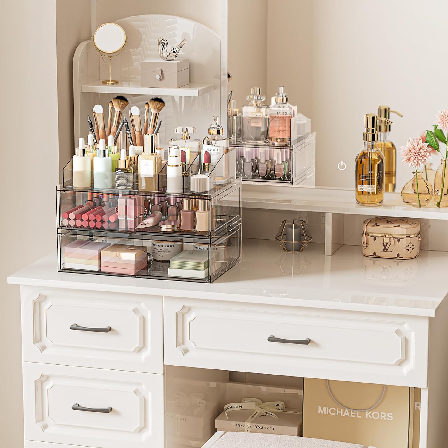 Clear Stackable Makeup Organizer with Drawer, 12''W Acrylic Storage Drawers | Cosmetic Display Case for Vanity Bathroom Countertop Drawers, Beauty Holder for Lipstick Brush Skincare Perfume - Image 2