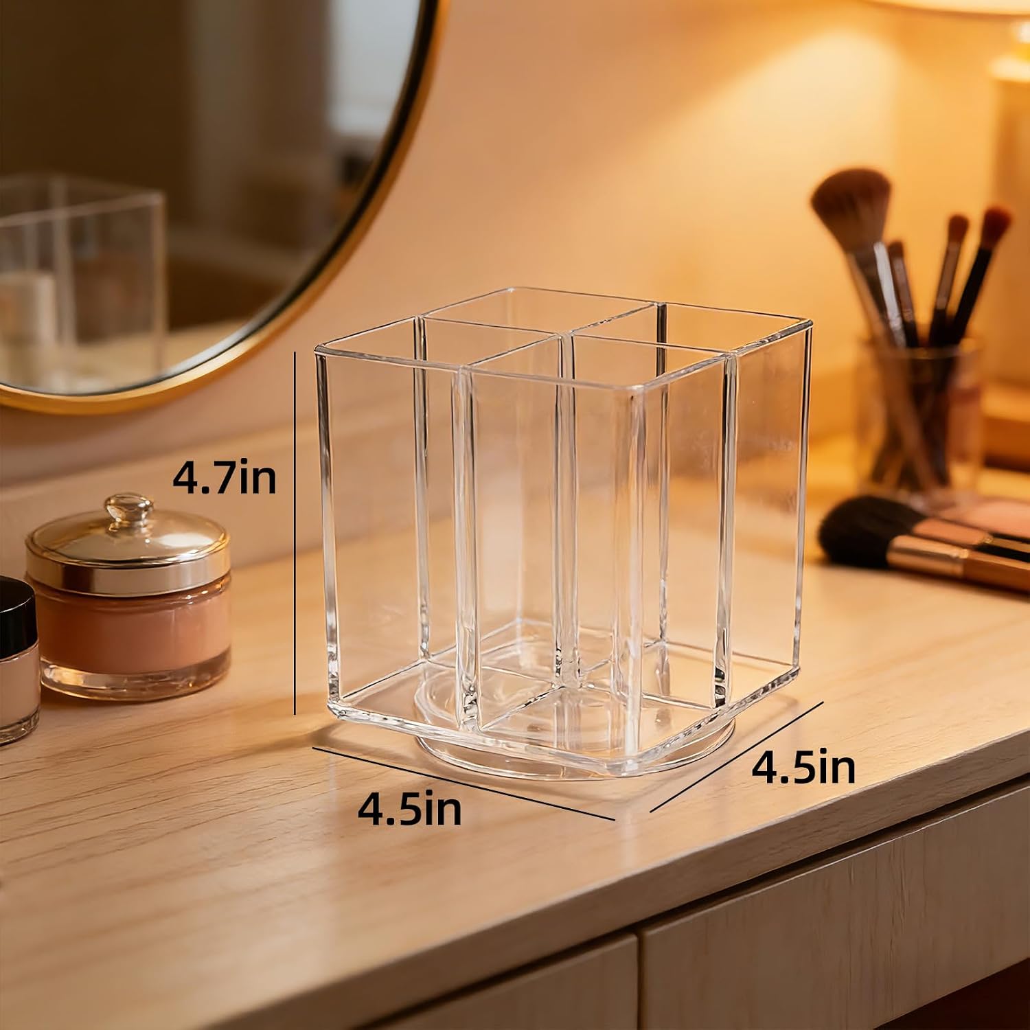 Acrylic Makeup Brush Holder, Clear Rotating Makeup Brush Holder Organizer with 4 Slots, Square Makeup Brush Cup for Vanity Desk Countertop Bathroom - Image 3