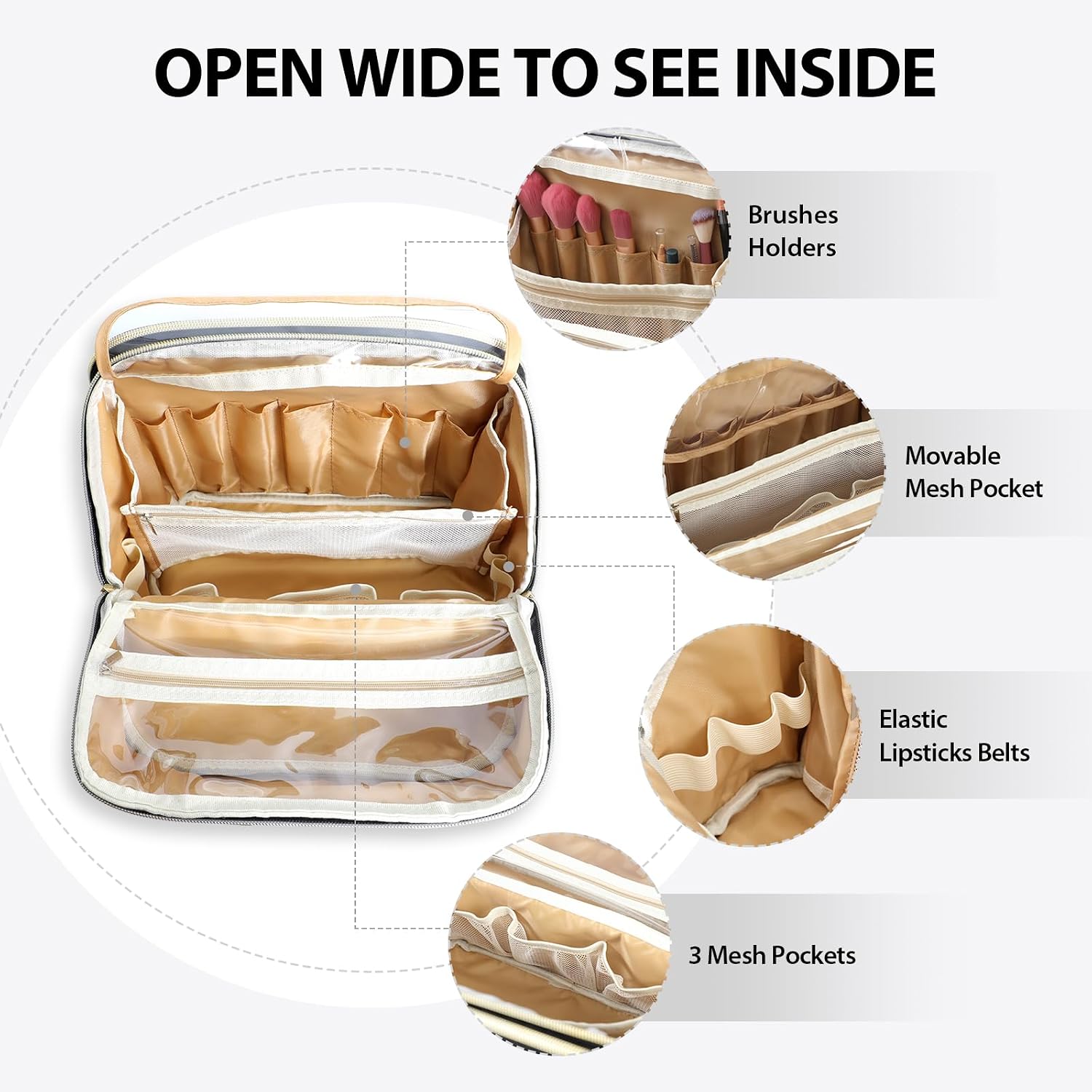 Makeup Bag, Large Capacity with Room for Brushes and Mirror, Travel Makeup Organizer, Portable Standing Make Up Case, Waterproof Cosmetic Toiletry Bags with Handle, Color Black - Image 3