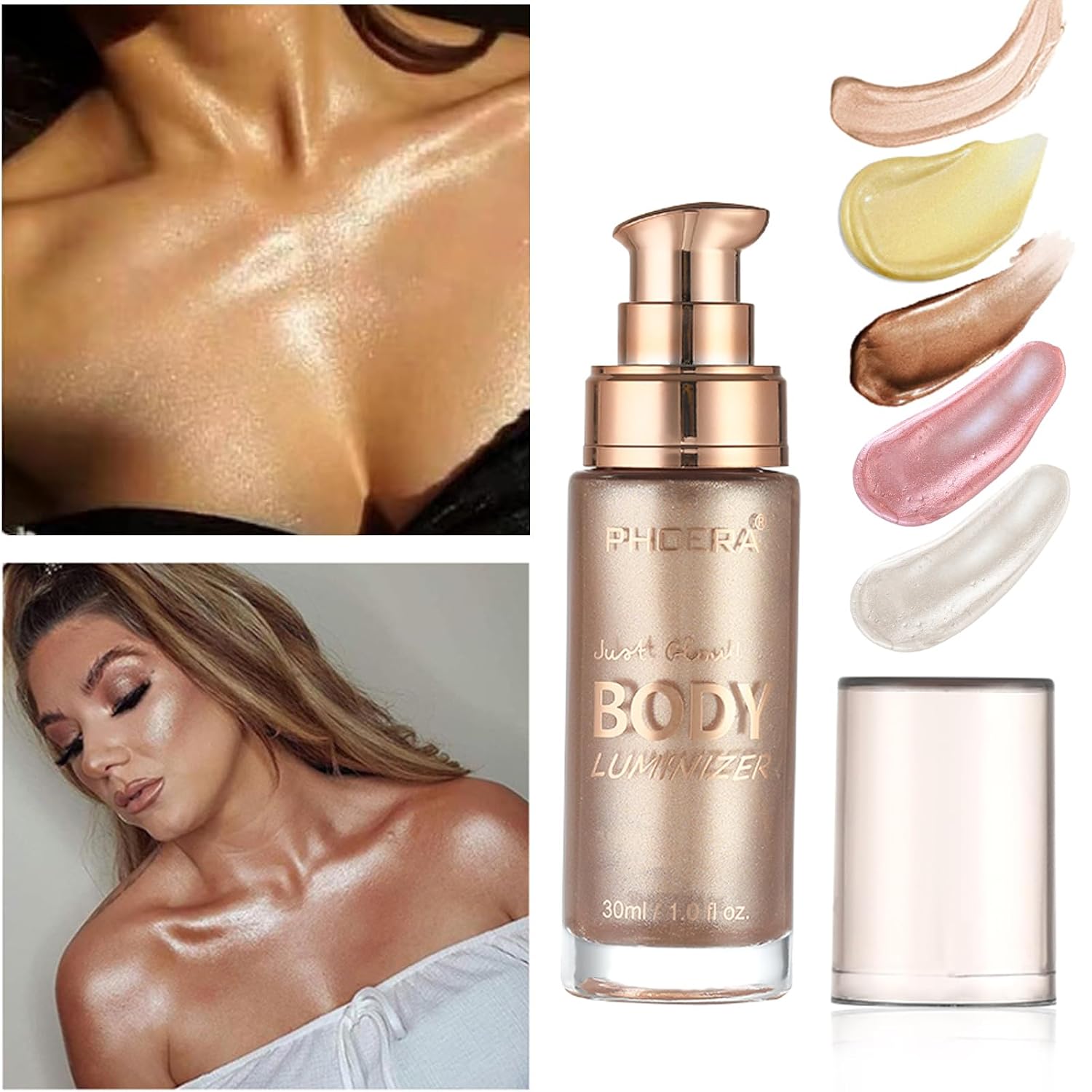 Body Shimmer Oil, Rose Gold Natural Glow Luminizer, Brush Include, 1oz | Long Lasting Moisturizing Liquid Illuminator Highlighter Makeup for a Sun-Kissed Glow, Light Medium - Image 2