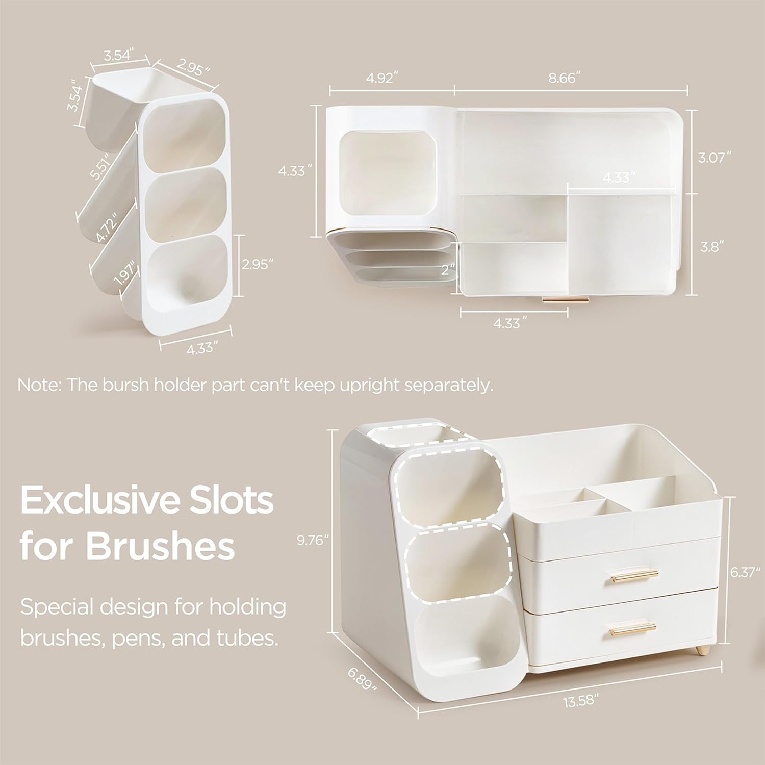 HBlife Makeup Organizer with Brush Holder for Vanity, Large Plastic Bathroom Countertop Organizer Skin Care Storage, Easy to Store Lipsticks, Nail Polishes, Perfumes, Eyeshadow Palettes, All White - Image 3
