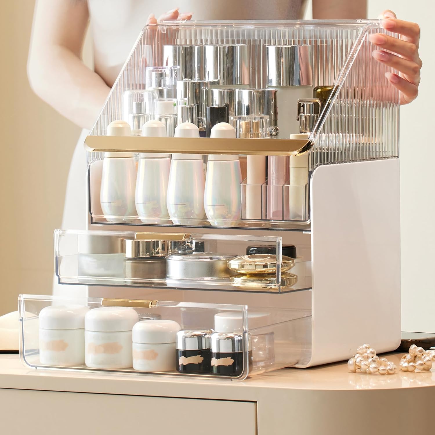 Omeily Makeup Organizer Countertop Vanity Cosmetic Skincares Organizer | Large Clear Makeup Organizer Cosmetic Storage Box for Skincare Perfume, Vanity & Bathroom Organizer Gift for Women Girls - Image 2