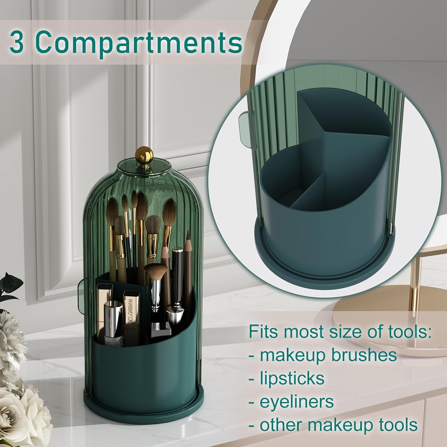 GAXmi Makeup Brush Holder with Lid Rotating Cosmetic Organizer, All Green | 360 Rotation, Waterproof, Dustproof, Moistureproof - Image 3
