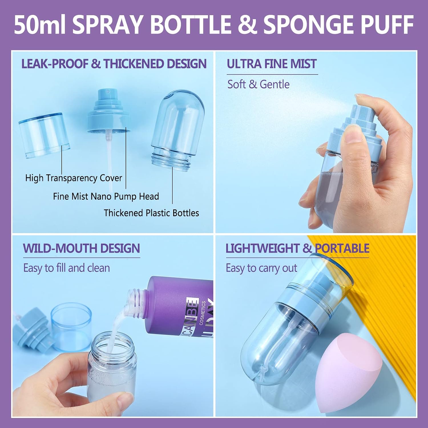 UCANBEMAKEUP Long Lasting Makeup Setting Spray Kit- 6.76 Fl oz Hydrating Matte Finish Mist Lightweight Face Make up Fixer +Travel Size Spray Bottle+Sponge Puff Makeup Set - Image 9