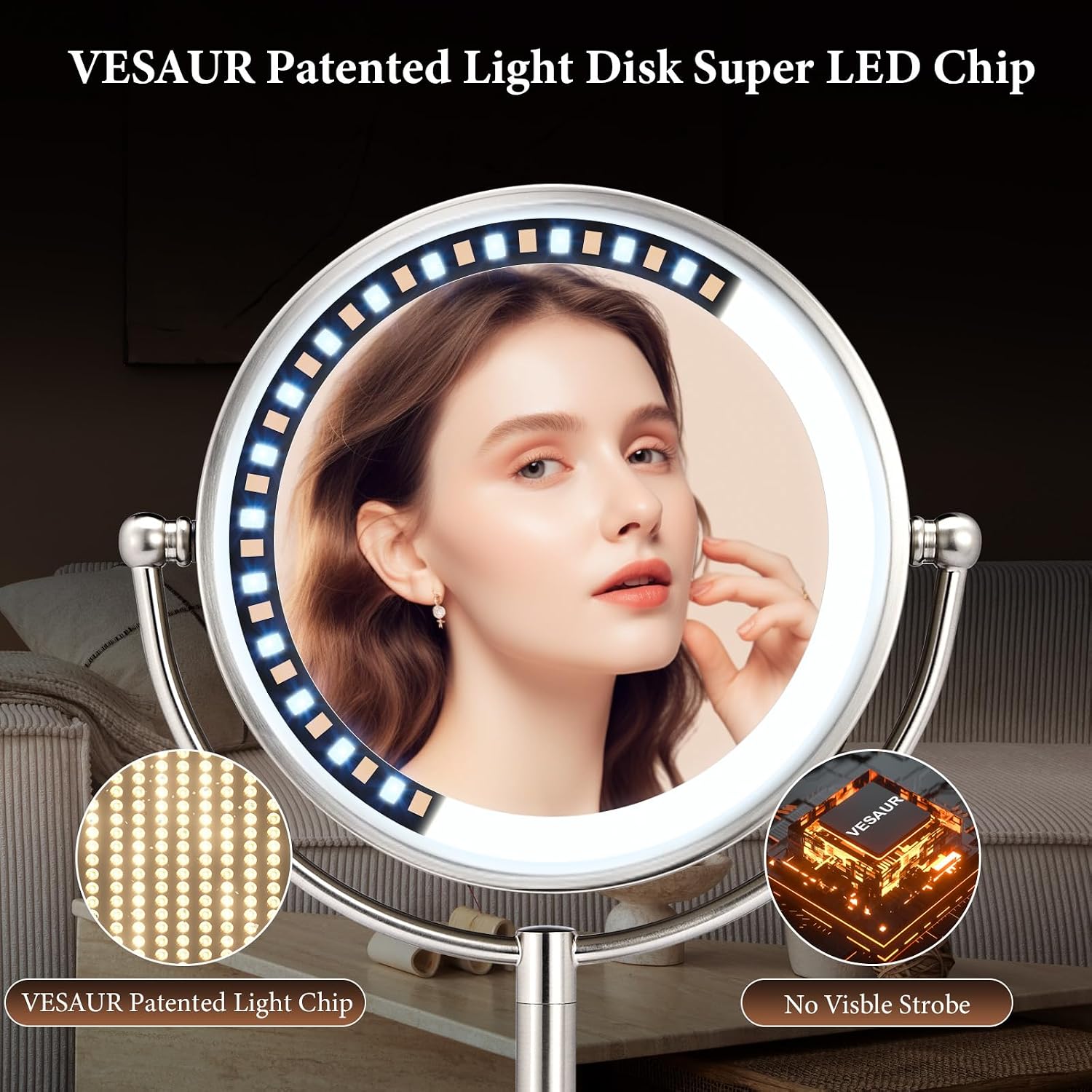 Professional 8.5" Large Lighted Makeup Mirror with Brighter Lights, 1X/10X True HD Magnifying Mirror with 3 Color Dimmable Lights, 90 Shadowless LEDs, 360°Swivel Seamless Vanity Mirror, Pearl Nickel - Image 5