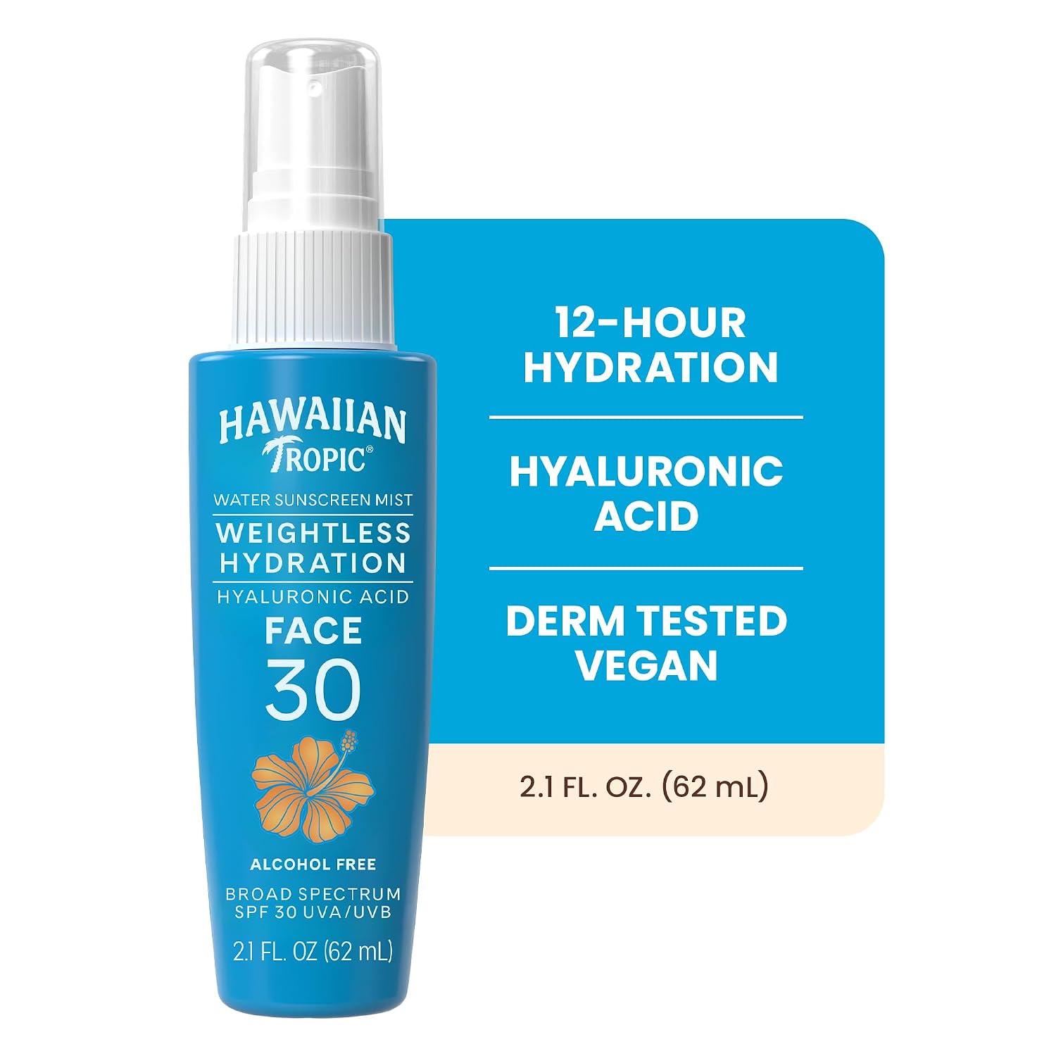 Hawaiian Tropic Weightless Hydration Water Mist for Face SPF 30, 2.1 Fl Oz | Hydrating face mist, Travel size sunscreen for face, Non-aerosol spray application, Contains hyaluronic acid, Non-greasy - Image 2