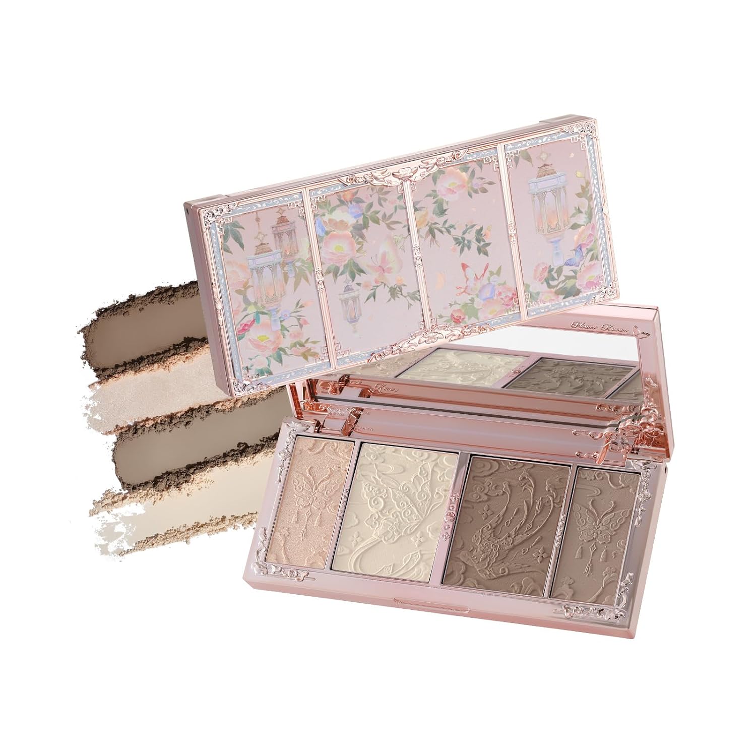 Flower Knows Butterfly Cloud Collar Embossed Highlight & Contour Palette | Cool Taupe Brown, Matte Contour & Pearl Highlight Shades, Sculpting & Brightening, Smooth Blendable Formula (02 Tawny Tea)