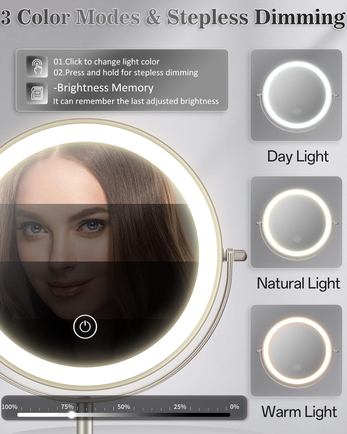 8" Lighted Makeup Mirror with Light,30X Magnifying Height Adjustable Mirror | 3000mAh Rechargeable Battery Vanity Mirrors with 3 LED Lighting Dimmable for Desk Dresser Office Women Gift - Image 4