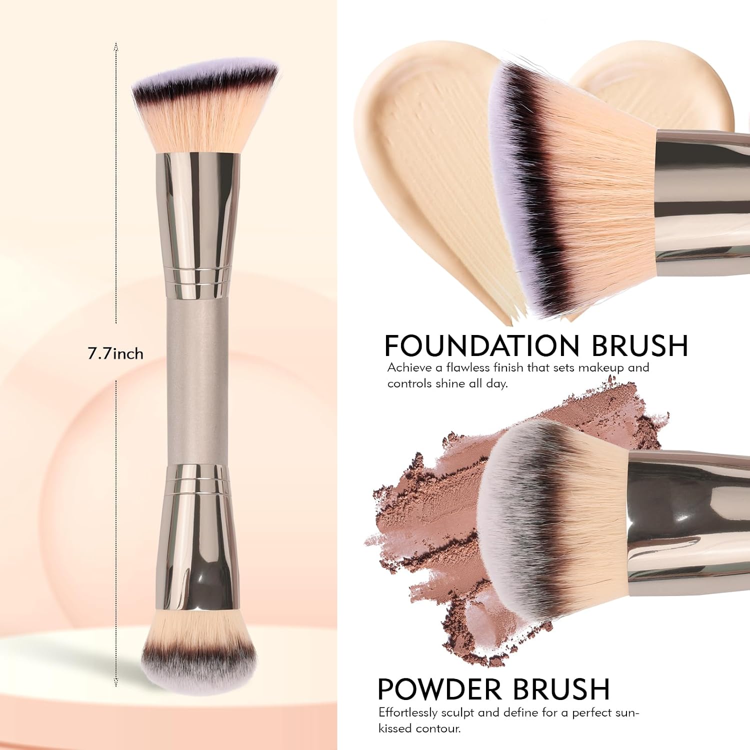 Dual-Ended Foundation Brush: Round & Angled makeup brushes, 100% Vegan Synthetic Makeup Brush for Flawless Blending and Application of Liquid, Powder, Cream, Blush - Image 3